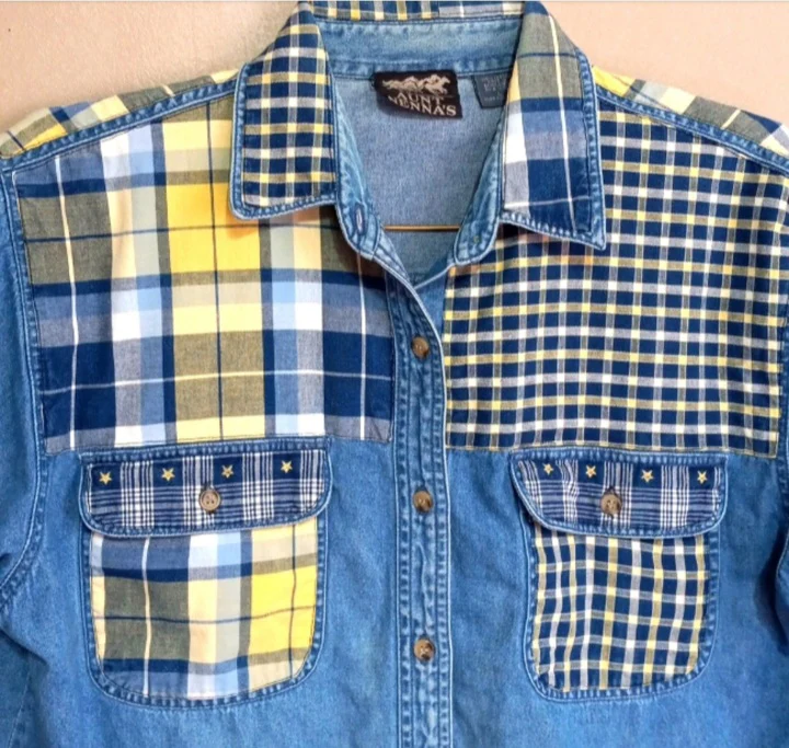 80s/90s Unisex Cotton Coordinating Plaid Blue Denim Top, By Aunt Jenna's - Image 3