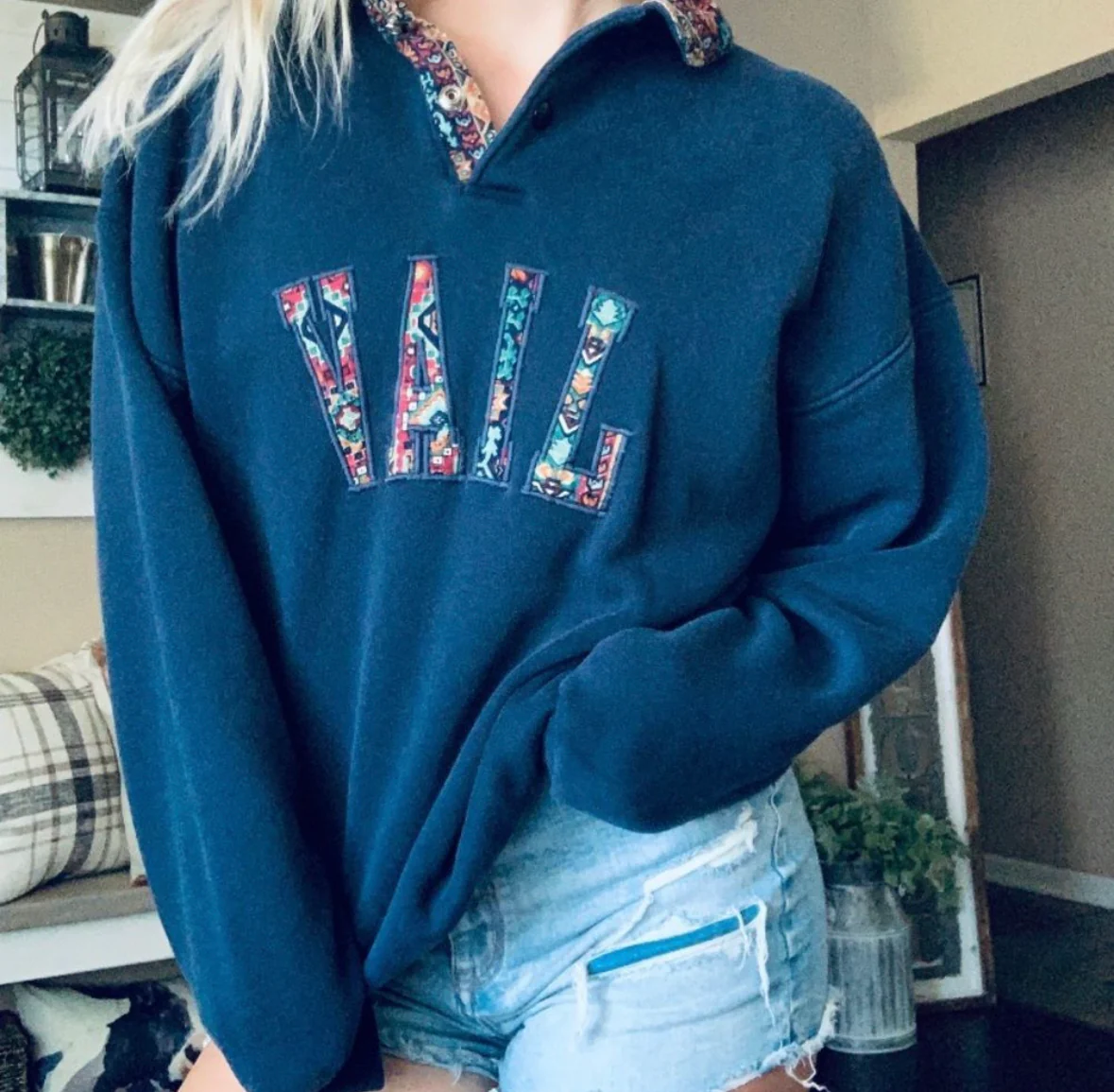 80s/90s Vail Colorado Mixed Print Quarter Snap Sweatshirt By Dtw - Image 3