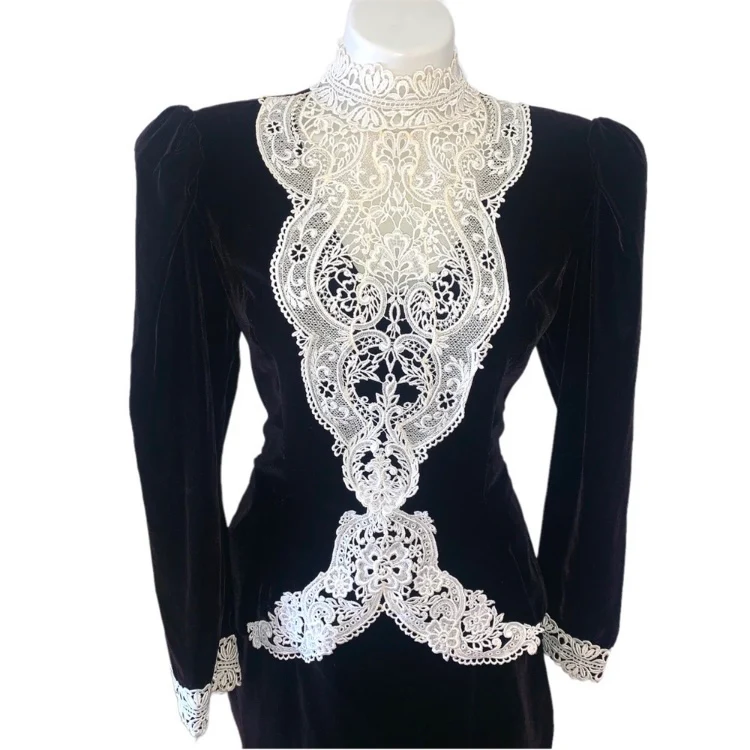 80s/90s Velour Edwardian Maxi Prom Dress By Jessica McClintock - Image 3