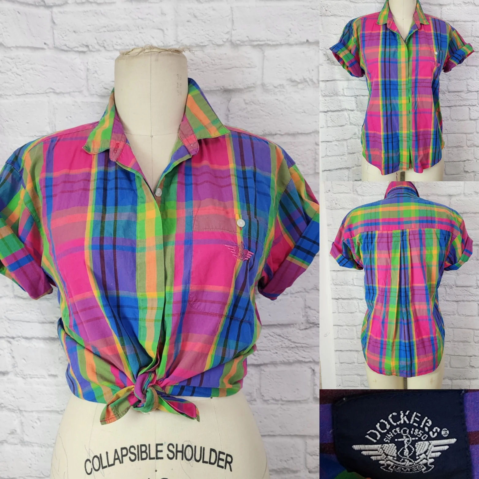 80s/90s Vibrant Pink Blue Plaid Cotton Camp Shirt By Dockers - Image 3