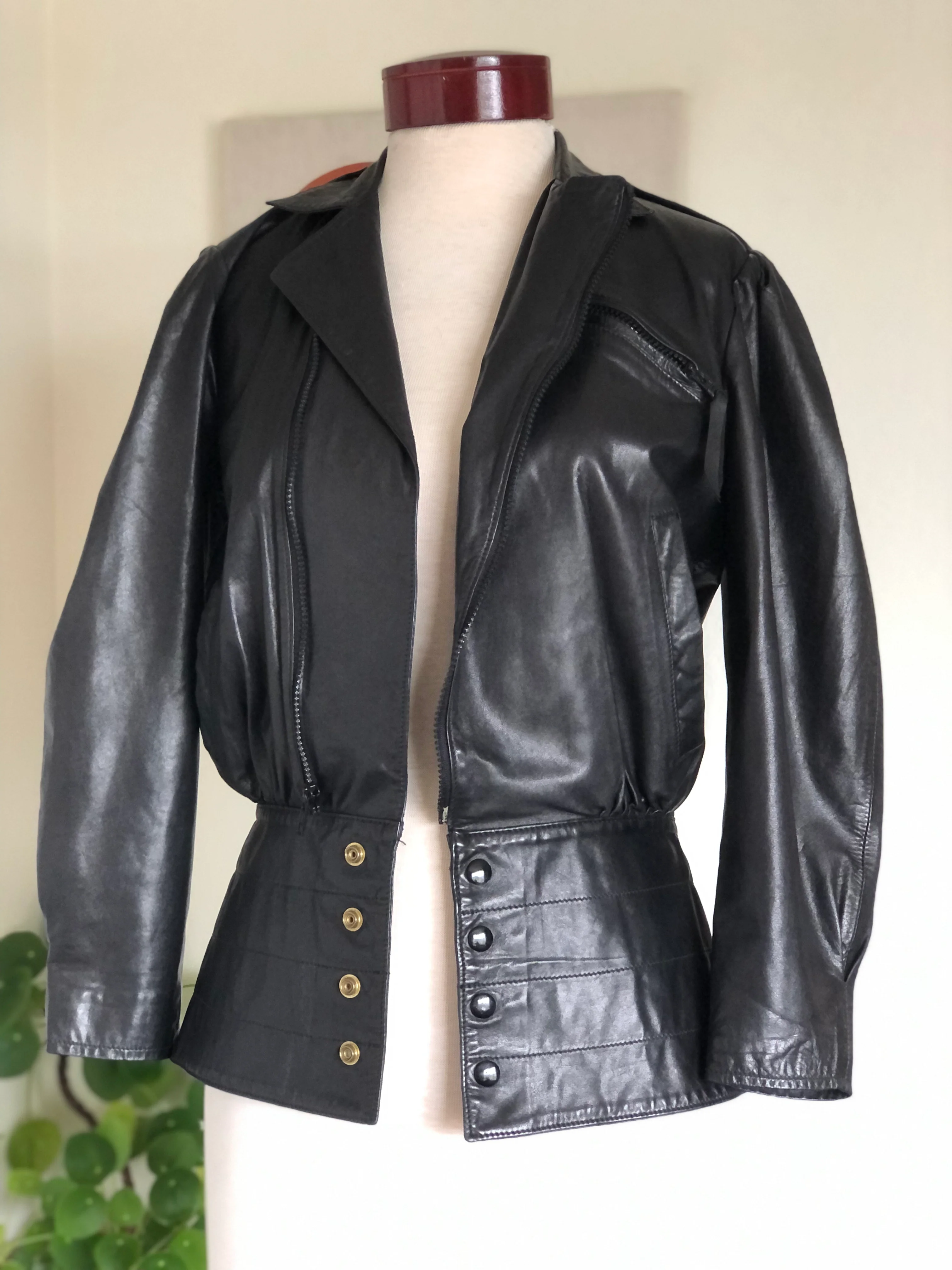 80s/90s Vintage Designer 80s Black Leather Jacket 80s S By Alicia Herrera - Image 5