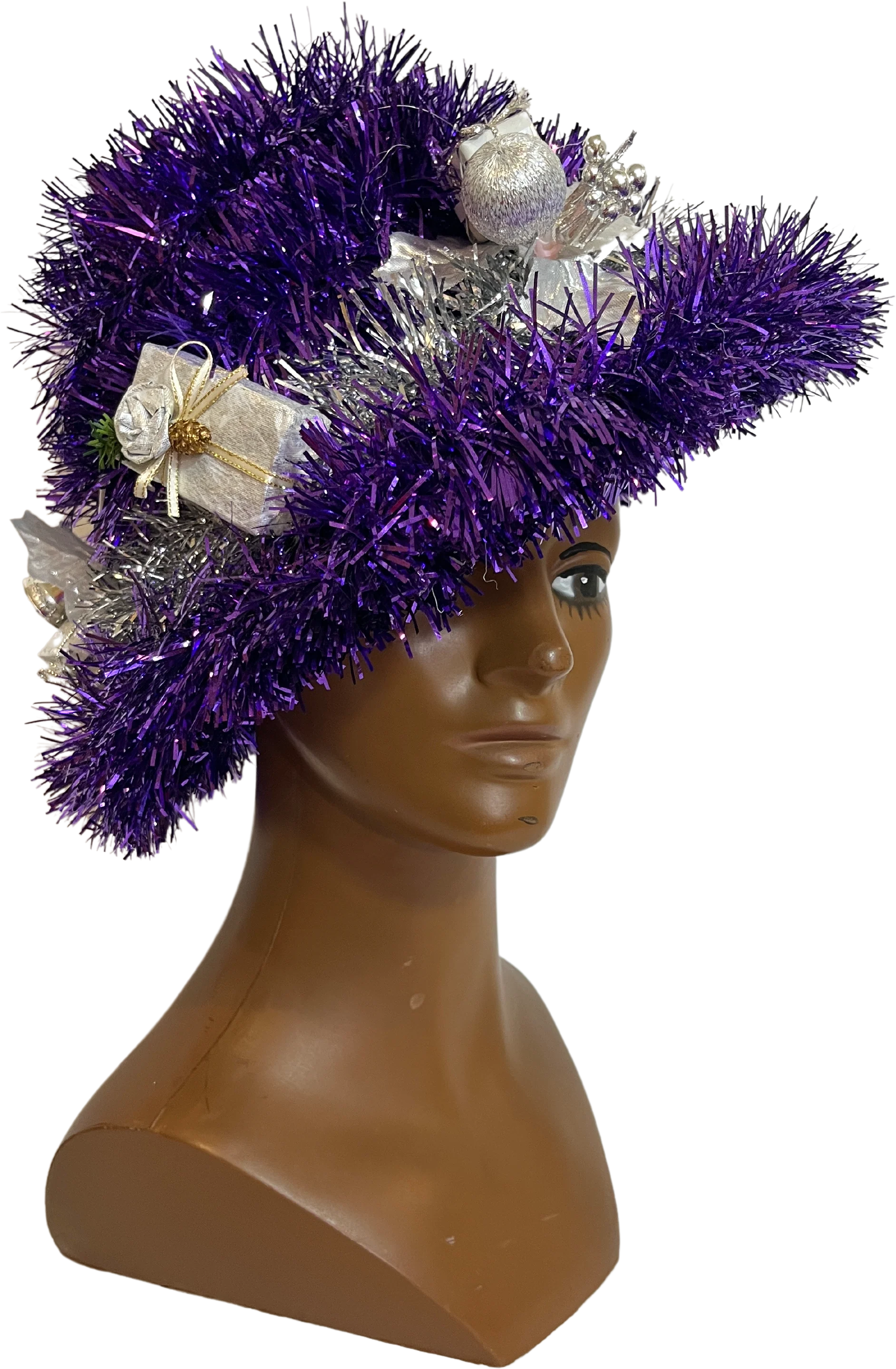80s/90s Vintage Holiday Novelty Purple Tinsel Boater Hat