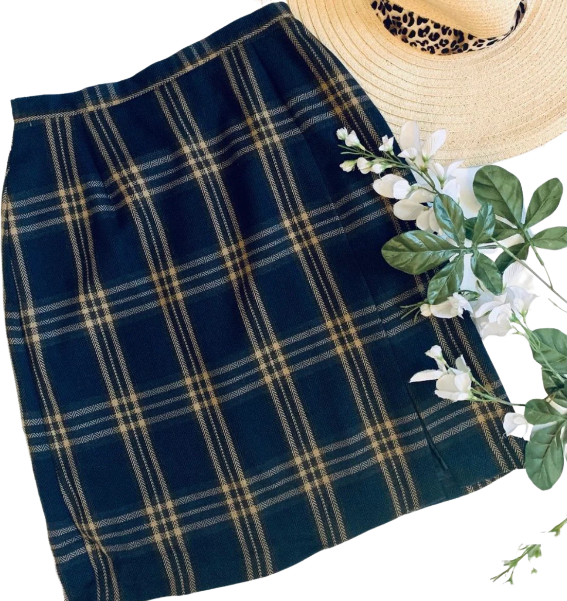 80s/90s Vintage Navy Plaid High Waist Front Slit Skirt By Savannah - Image 2