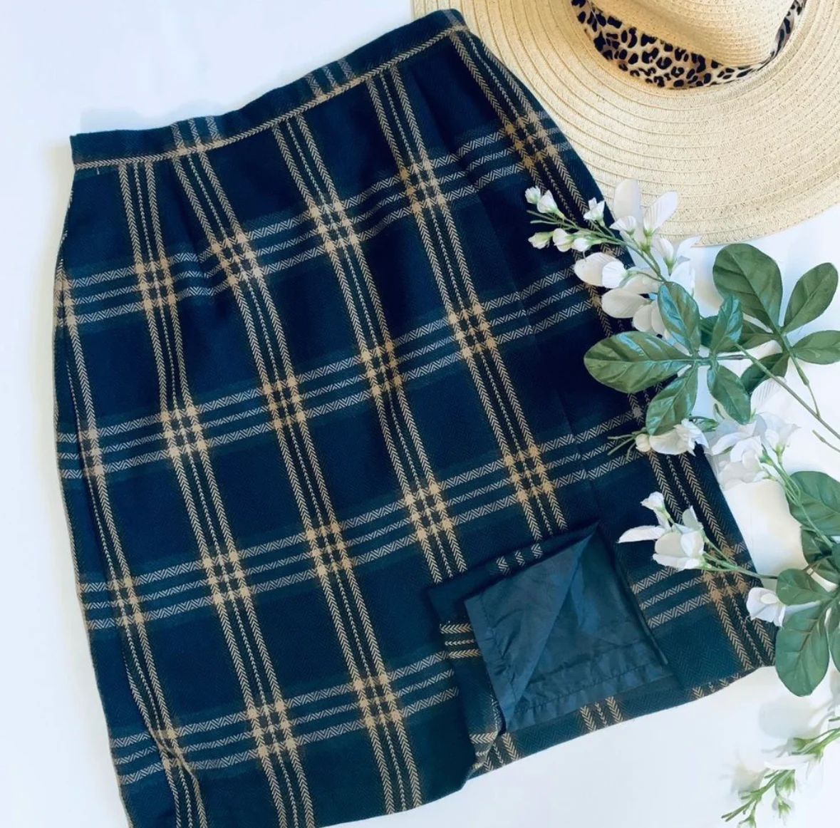 80s/90s Vintage Navy Plaid High Waist Front Slit Skirt By Savannah - Image 3