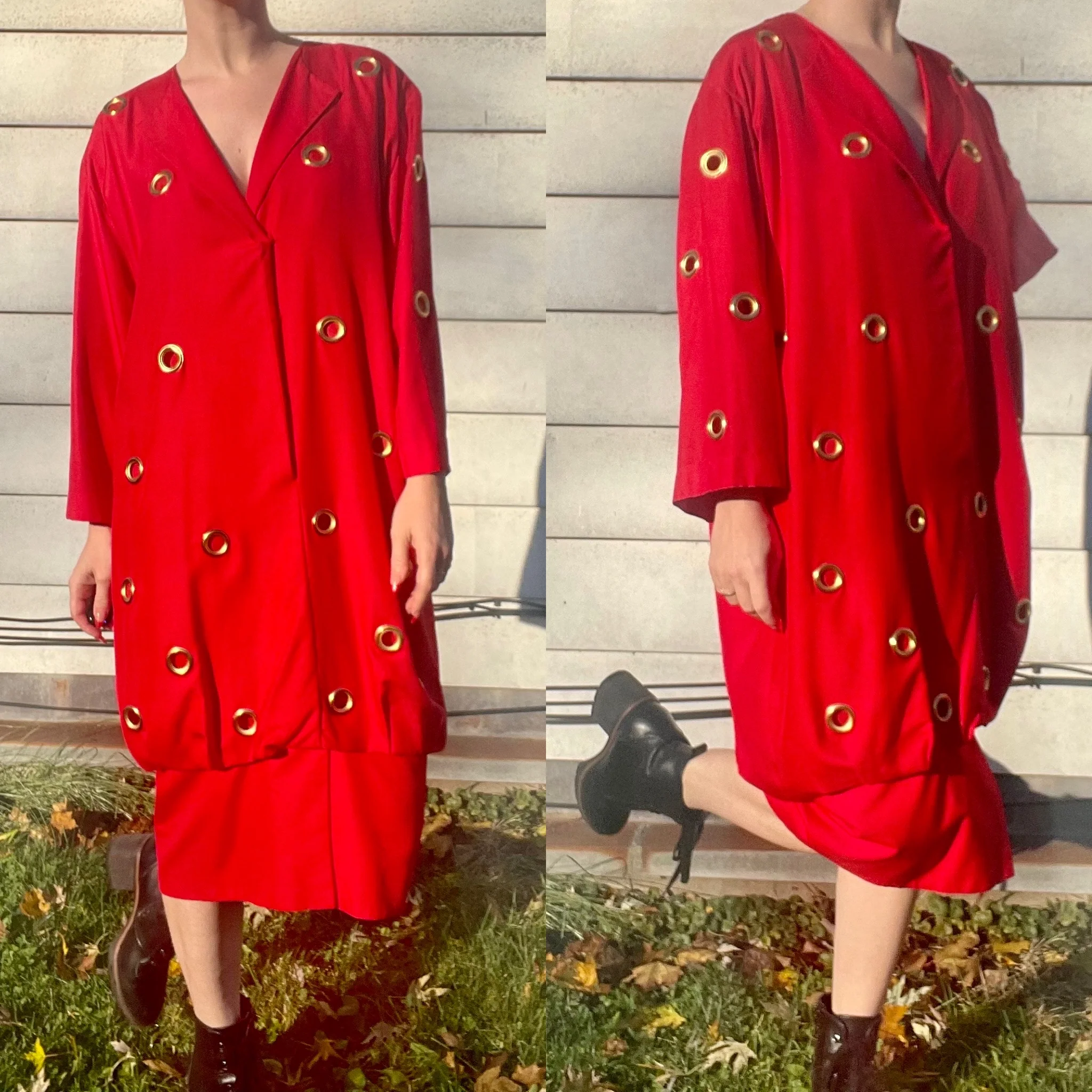 80s/90s Vintage Polka Dot Grommet Silk Dress - Image 6