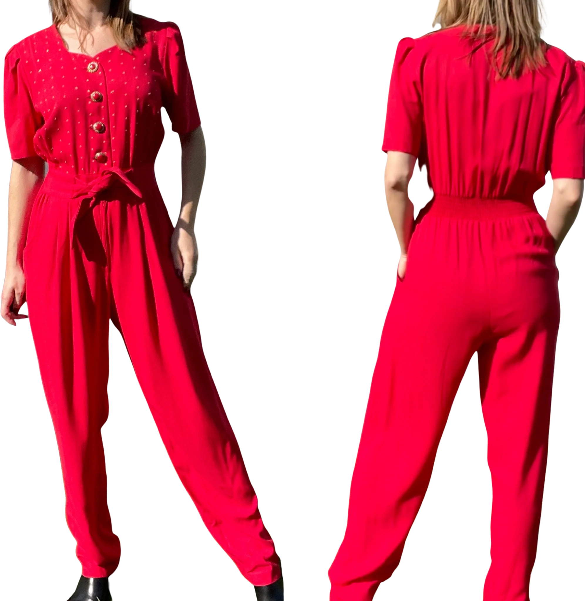 80s/90s Vintage Short Sleeve Polka Dot Jumpsuit Pockets By Michael Blake - Image 2
