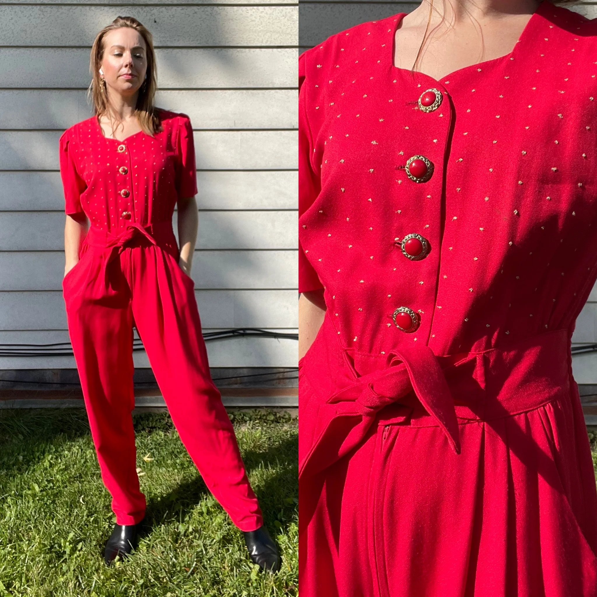 80s/90s Vintage Short Sleeve Polka Dot Jumpsuit Pockets By Michael Blake - Image 4