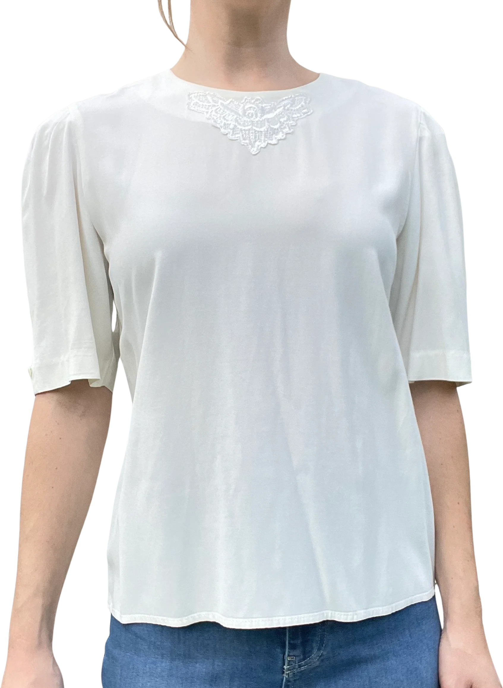 80s/90s Vintage White Short Sleeve Lace Blouse By Sl Fashions