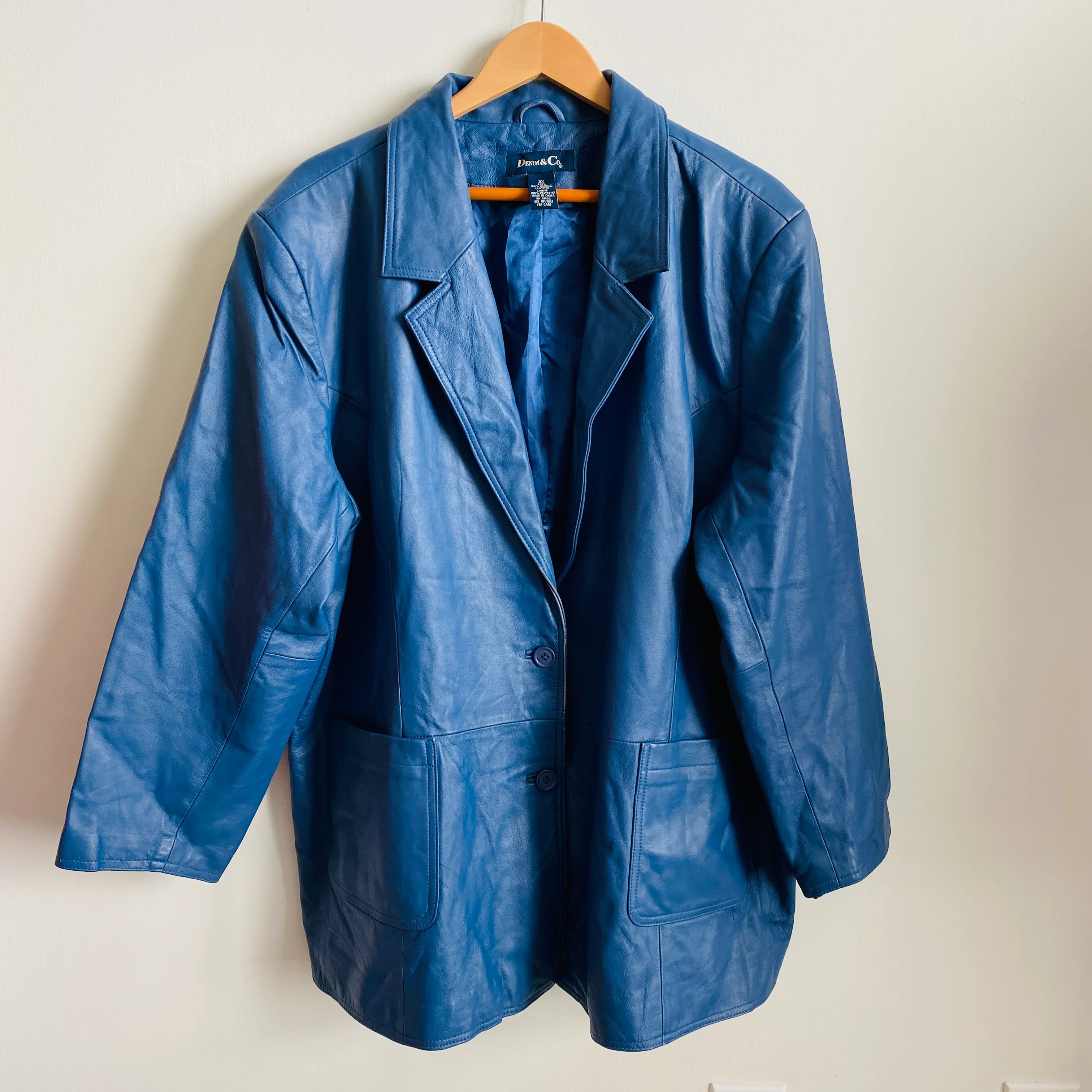80s/90s Beautiful Blue Genuine Leather Blazer Style Jacket by Denim & Co - Image 7