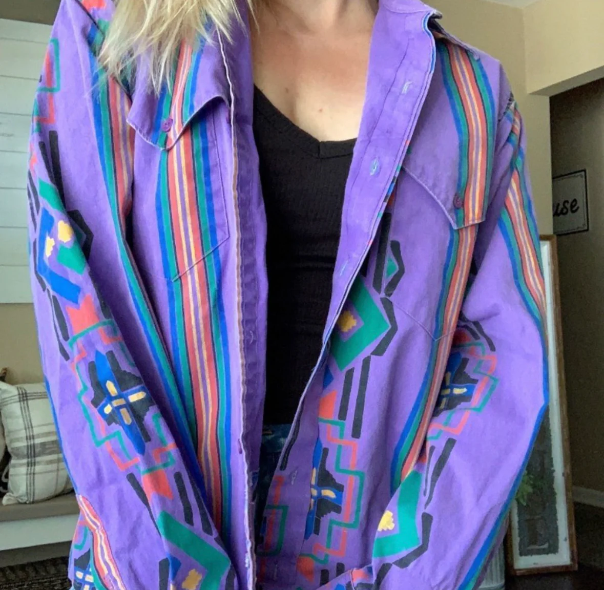 80s/90s Western Geometric Print Button Down Shirt - Image 3