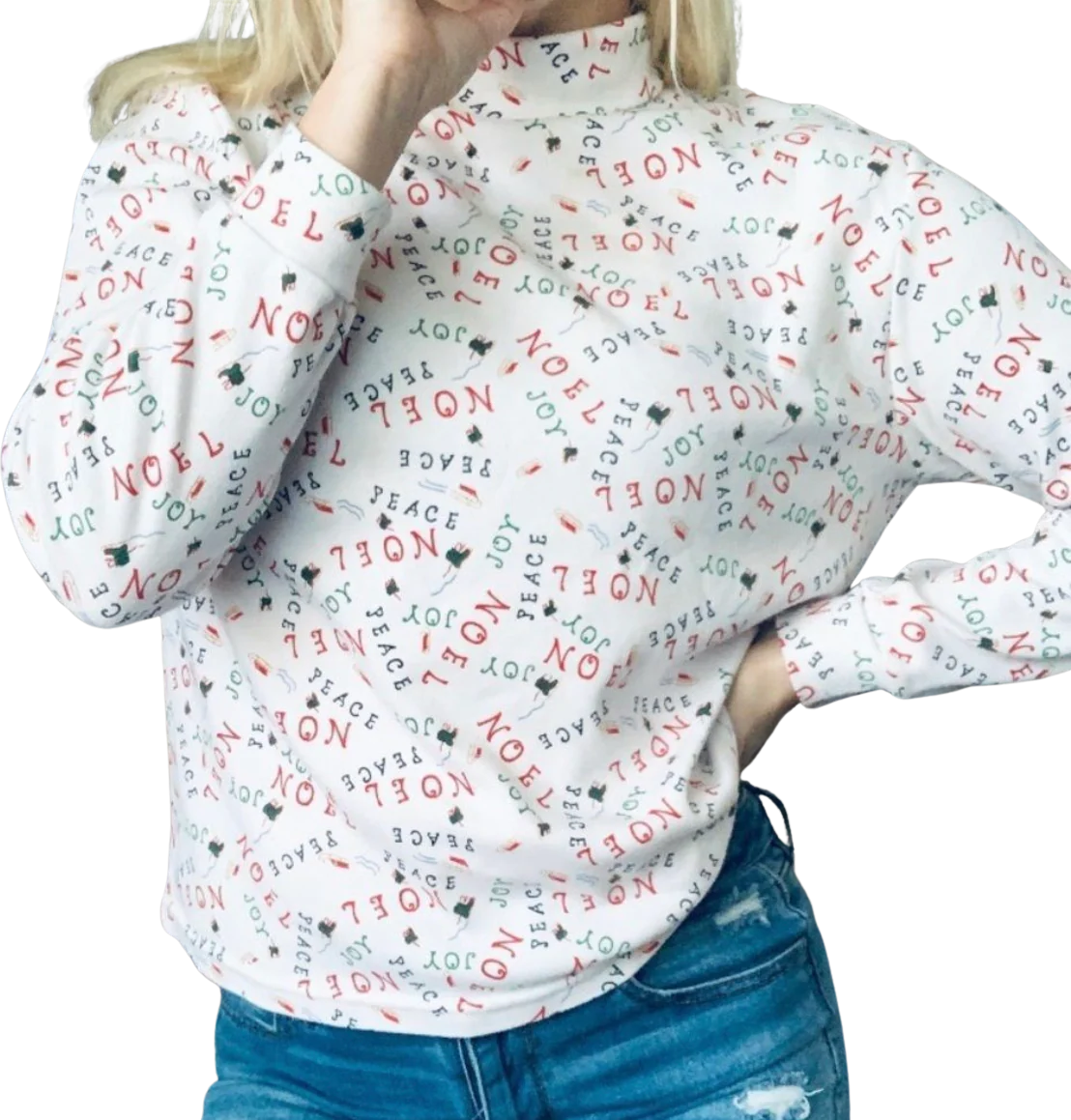 80s/90s White Christmas Printed Turtleneck Long Sleeve Top By Nutcracker