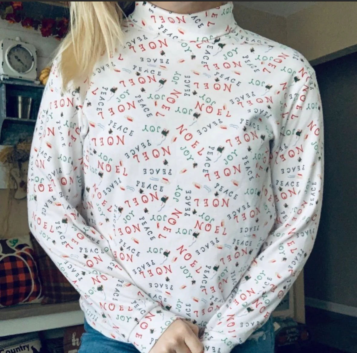 80s/90s White Christmas Printed Turtleneck Long Sleeve Top By Nutcracker - Image 3