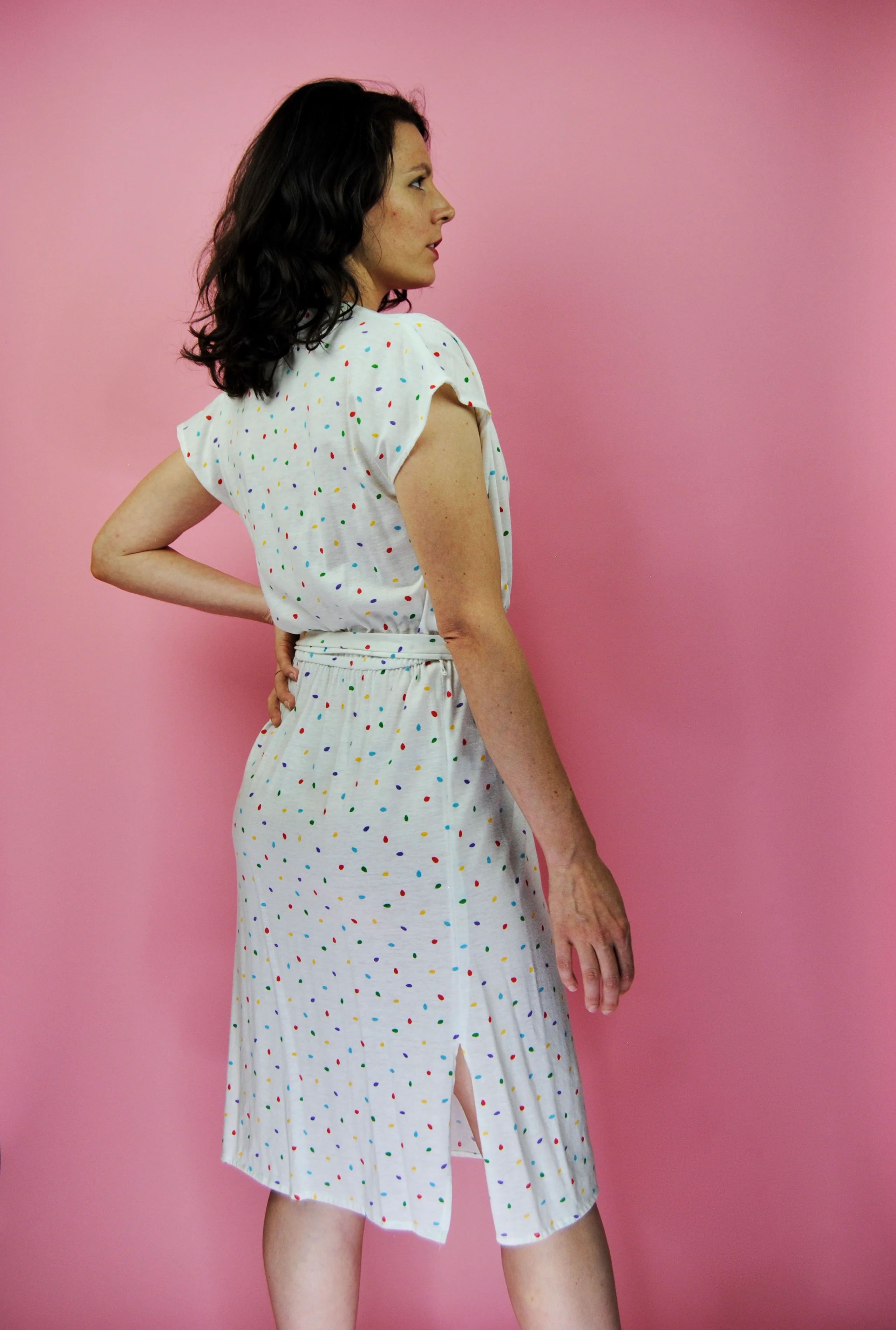 80s/90s White Cotton Day Dress With Colorful Polka Dots - Image 6