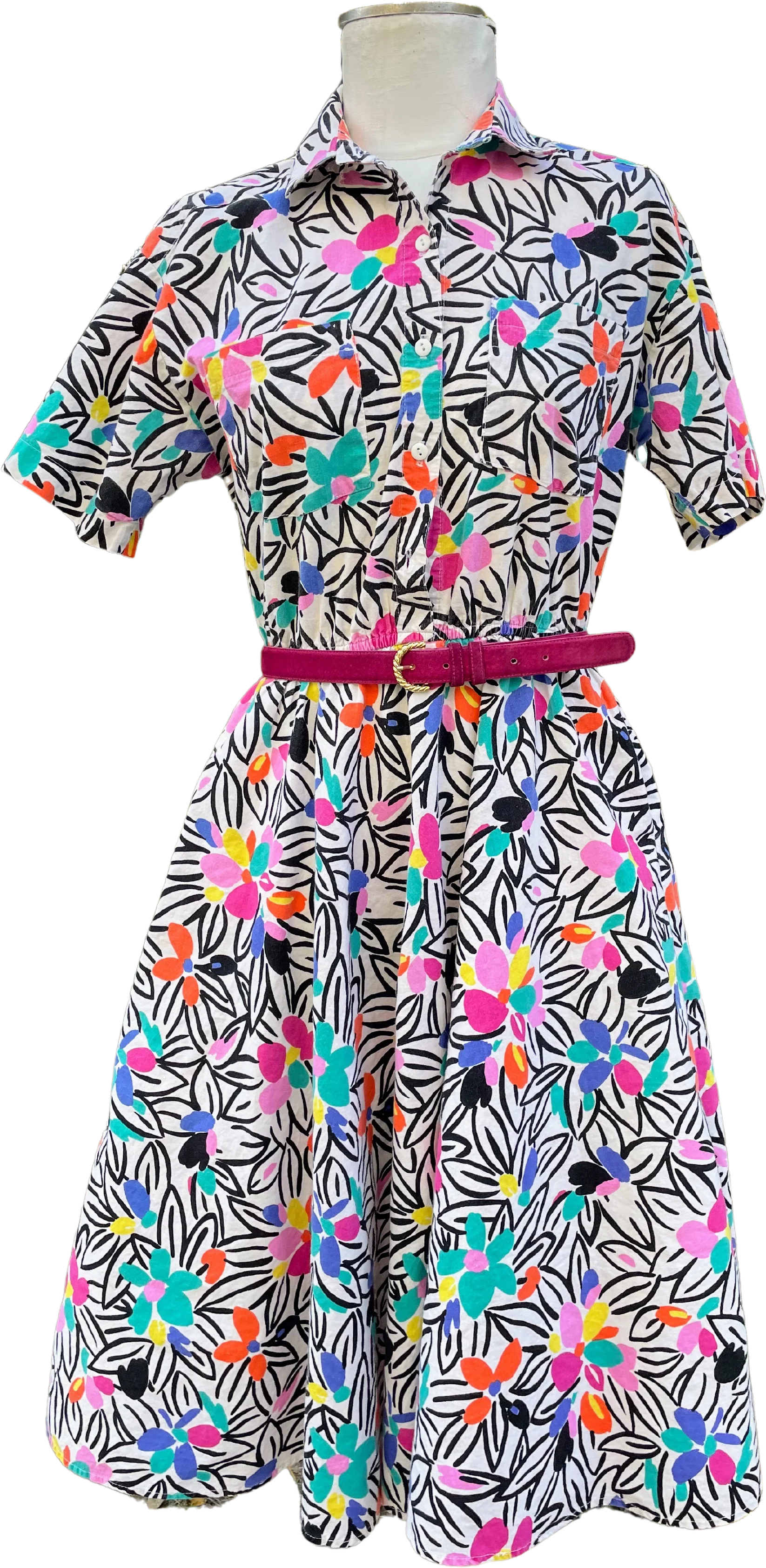 80s Abstract Floral Cotton Belted Dress Colorful Retro By The American Shirt Company