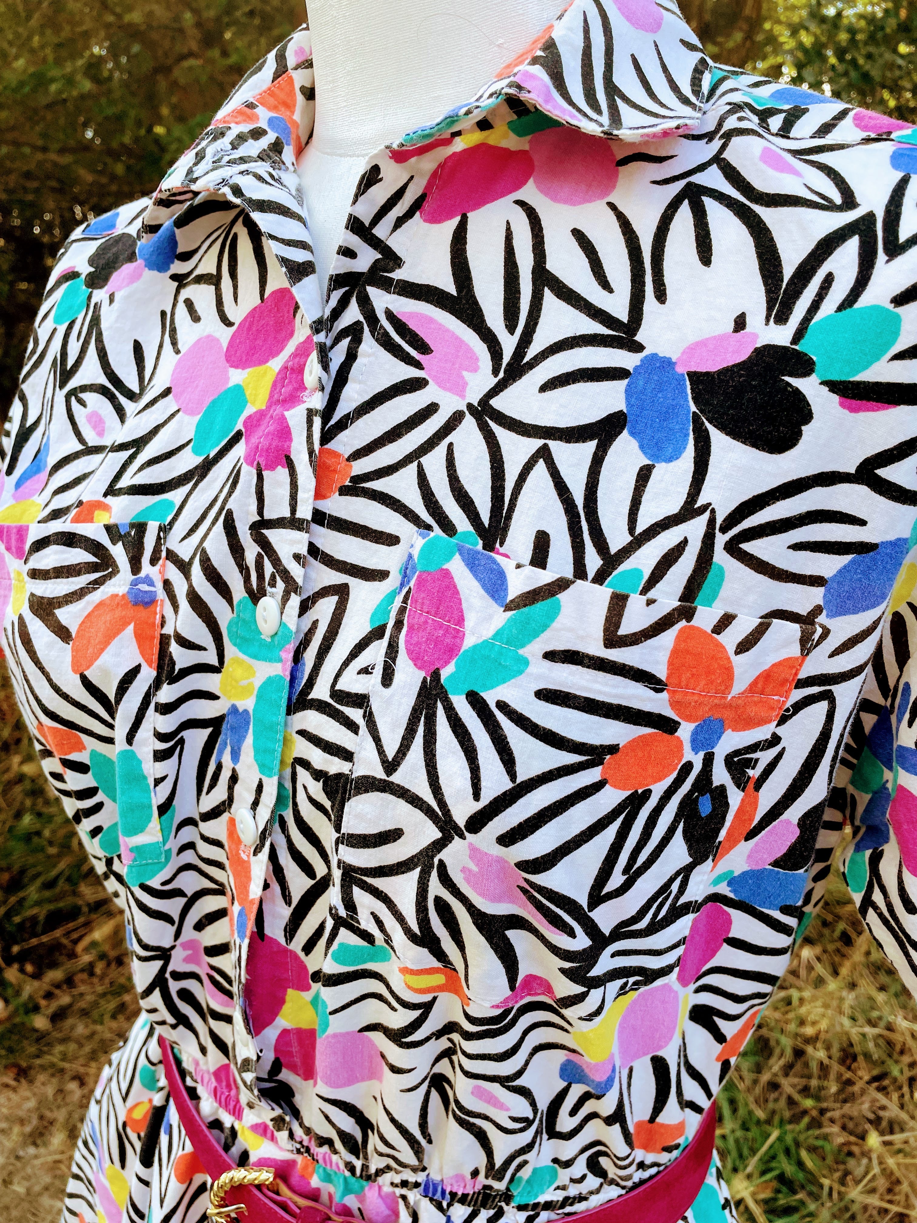 80s Abstract Floral Cotton Belted Dress Colorful Retro By The American Shirt Company - Image 11