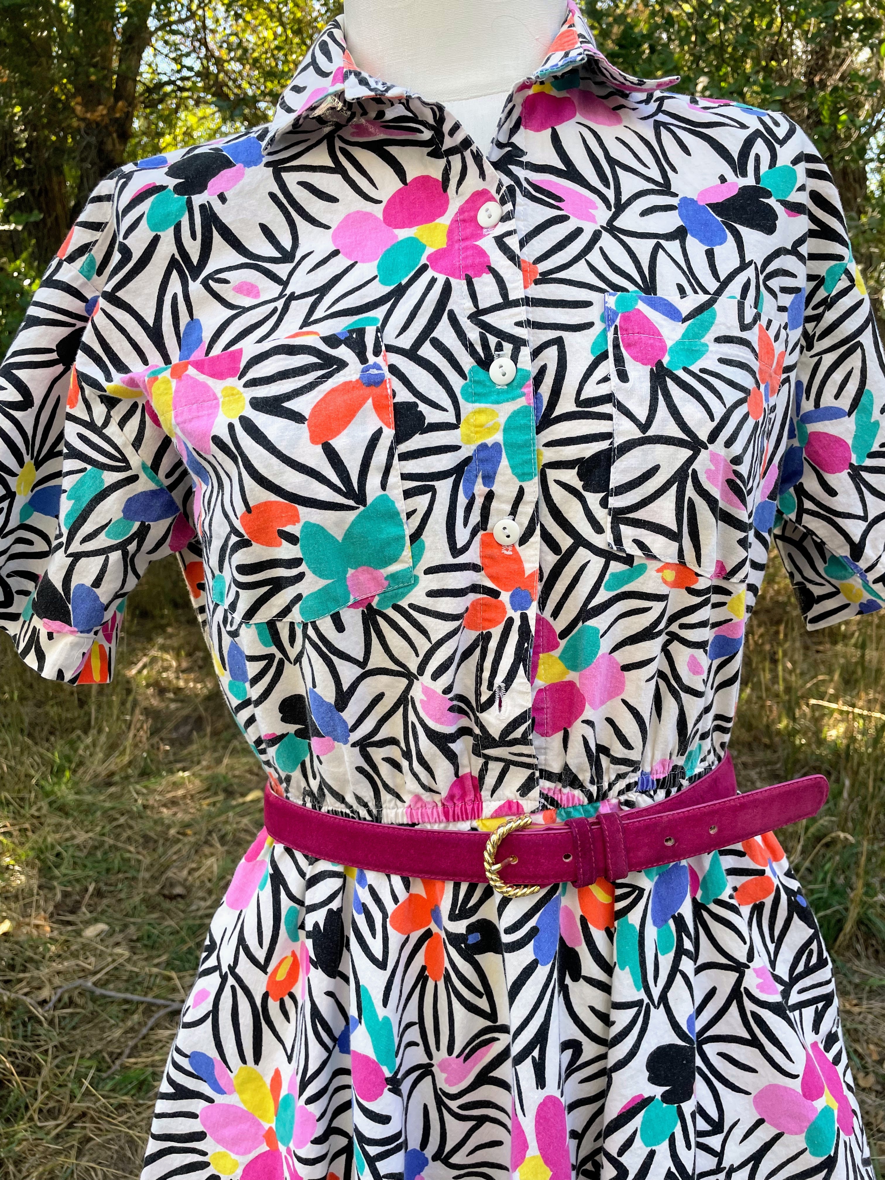 80s Abstract Floral Cotton Belted Dress Colorful Retro By The American Shirt Company - Image 12