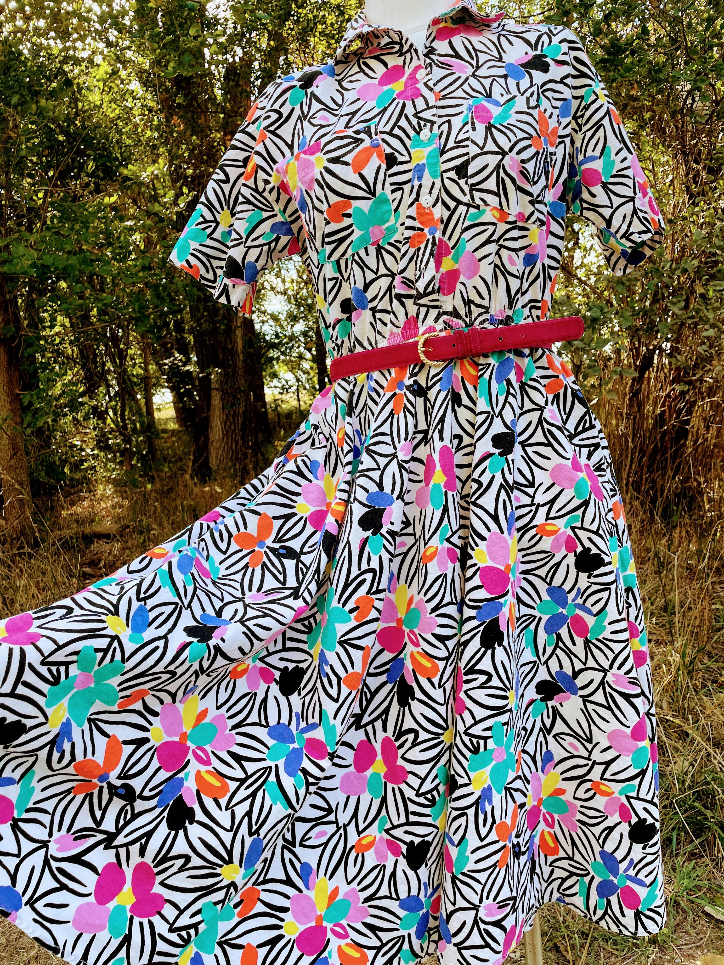 80s Abstract Floral Cotton Belted Dress Colorful Retro By The American Shirt Company - Image 5