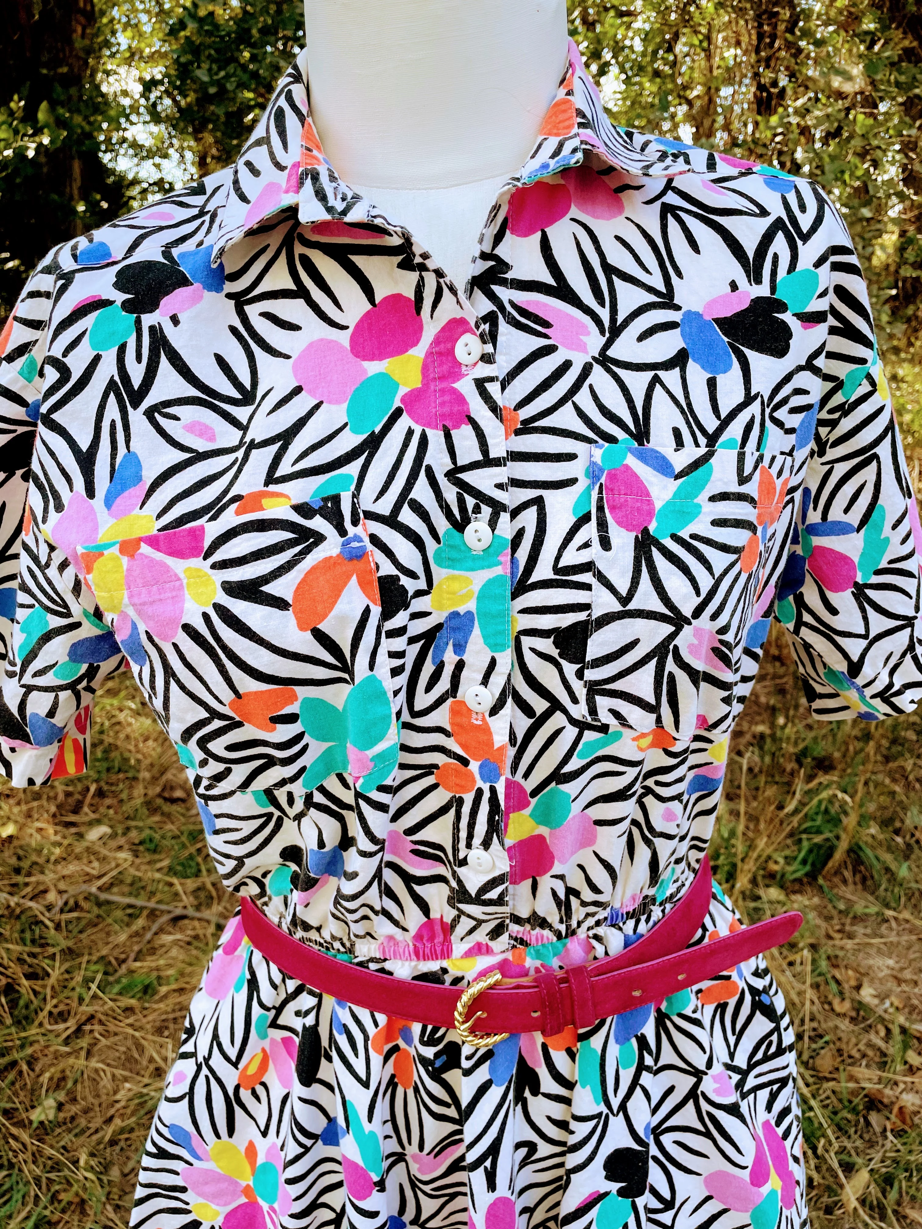 80s Abstract Floral Cotton Belted Dress Colorful Retro By The American Shirt Company - Image 6