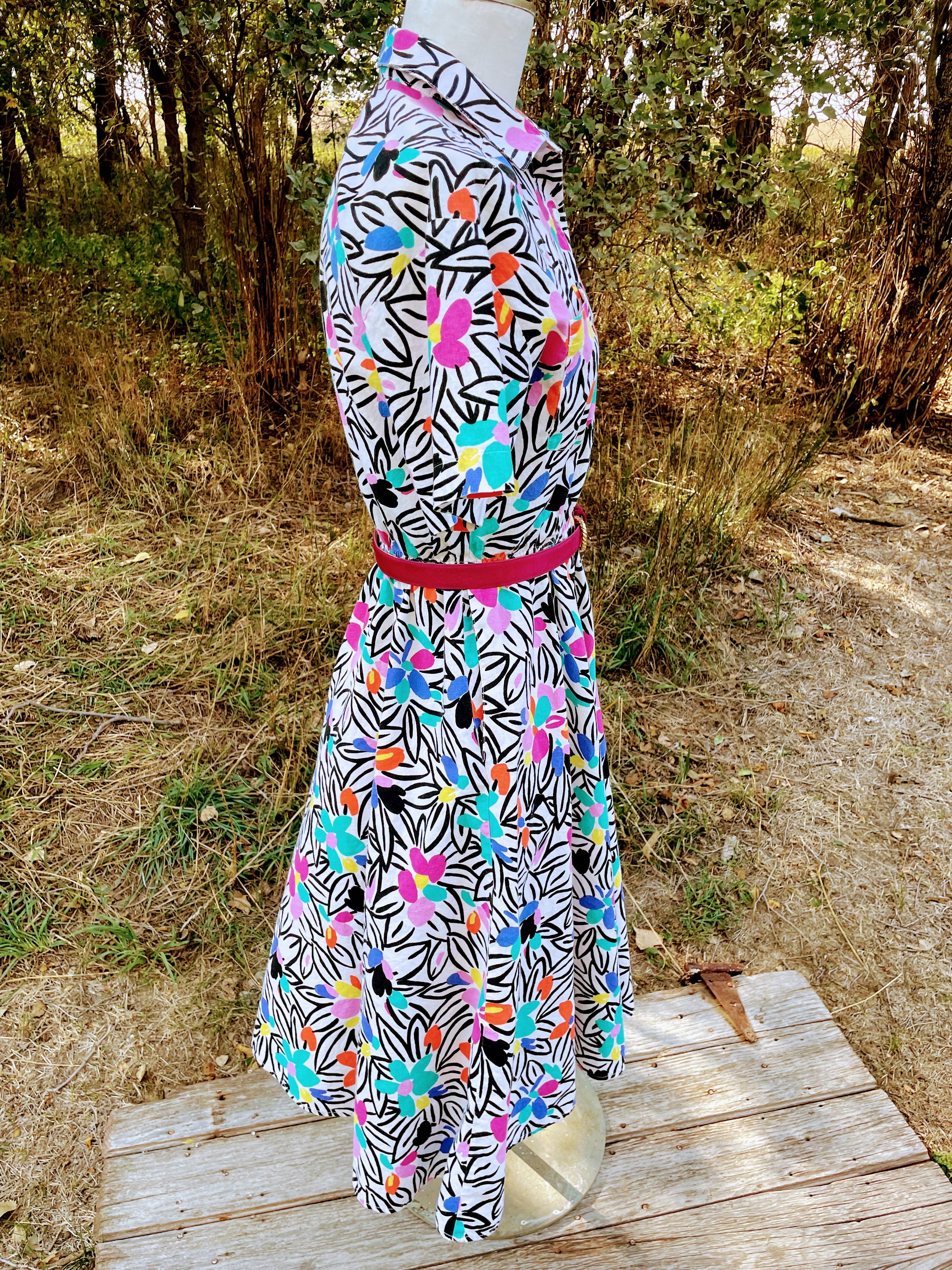 80s Abstract Floral Cotton Belted Dress Colorful Retro By The American Shirt Company - Image 7