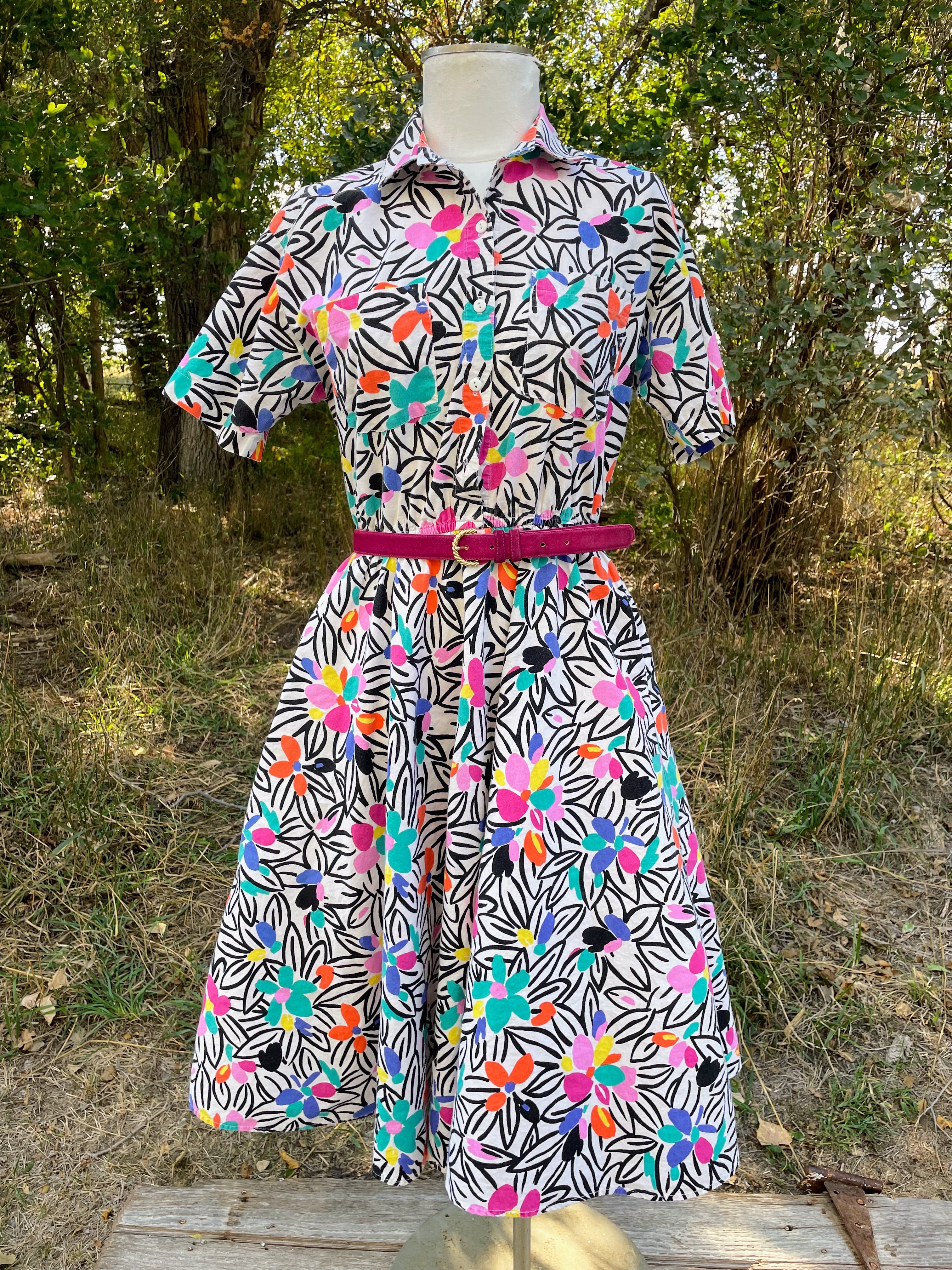 80s Abstract Floral Cotton Belted Dress Colorful Retro By The American Shirt Company - Image 8