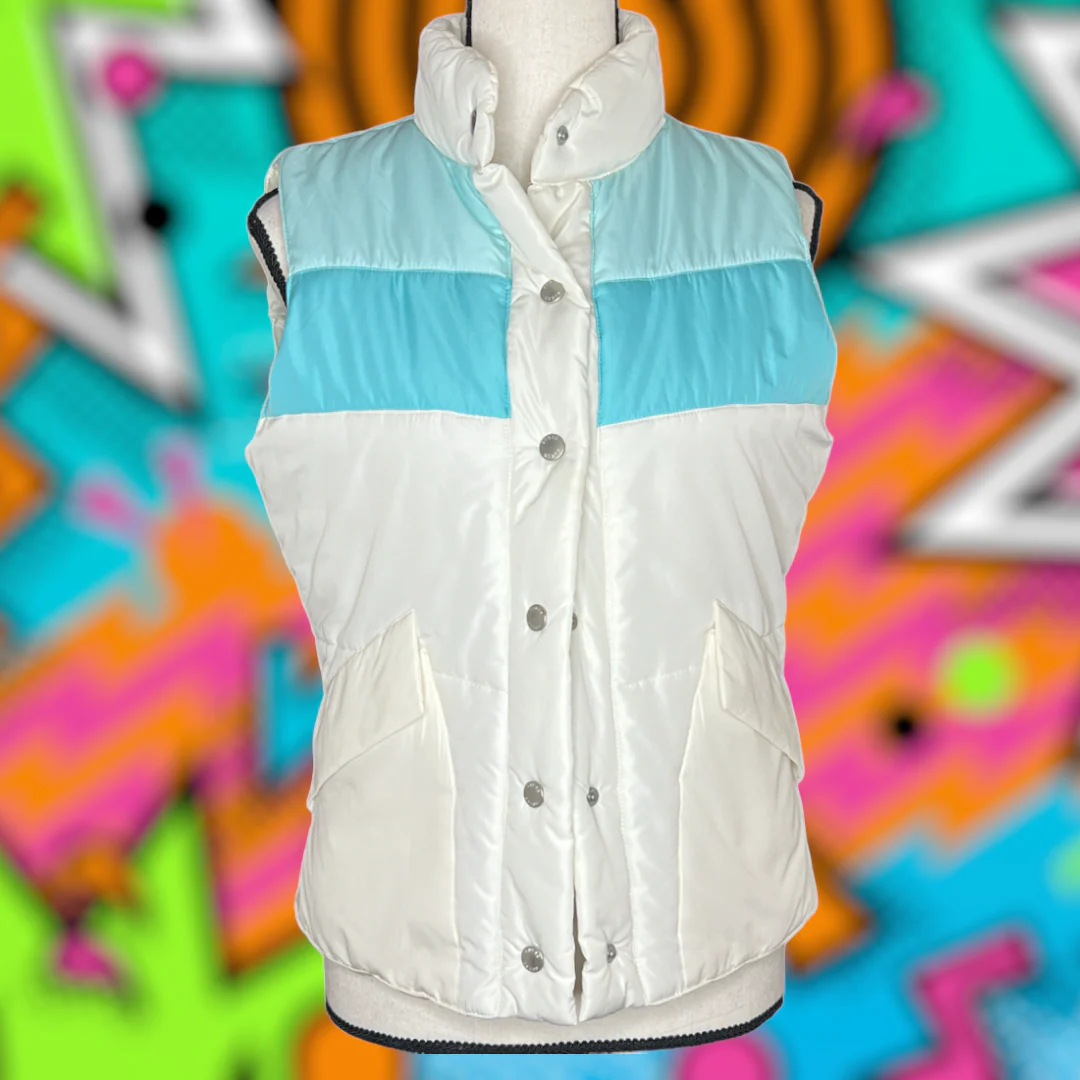80s Aqua Teal White Snap Front Ski Puffer Vest By Guess Jeans - Image 2