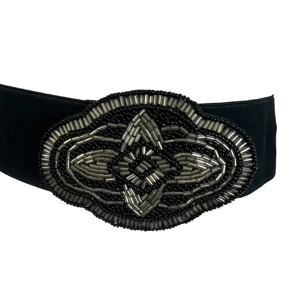 80s Art Deco Black Sequined Elastic Wide Belt L - Image 3