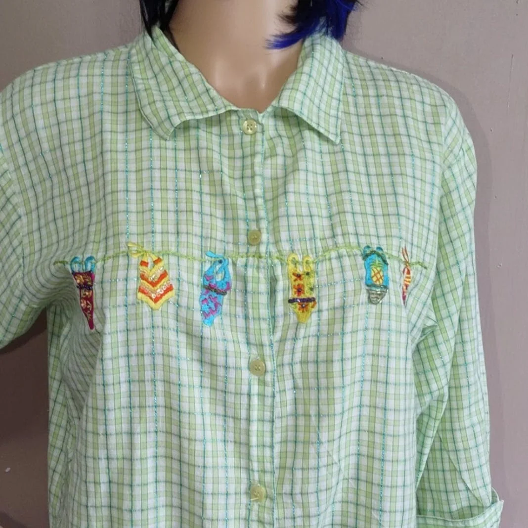 80's Novelty Embroidered Plaid Tunic Top by Arriviste - Image 3