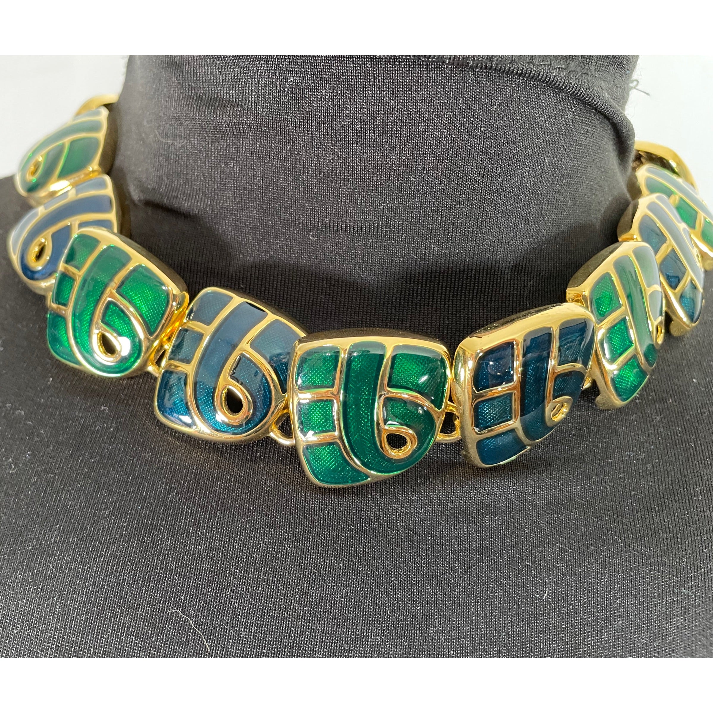 80s Art Deco Multicolor Enamel Gold Tone Necklace - Image 4