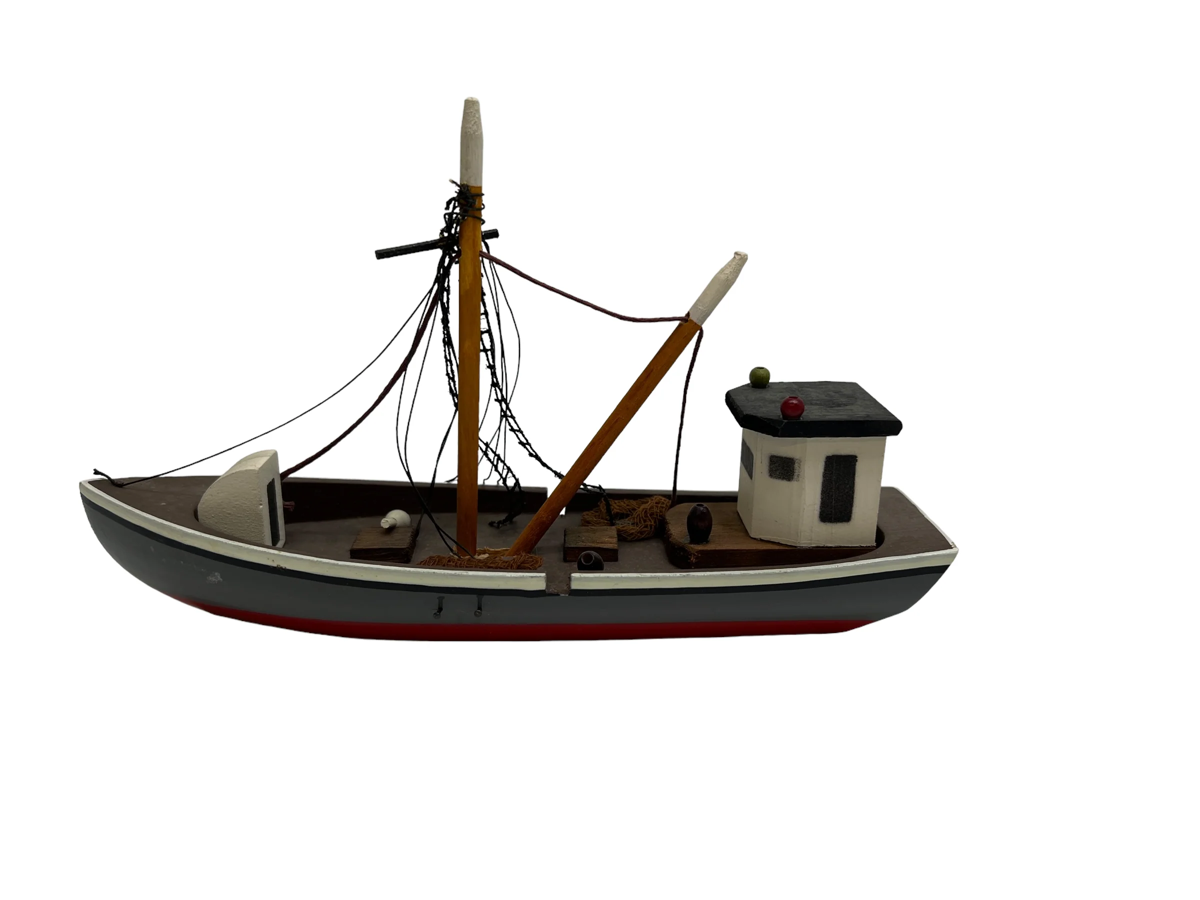 80s Artisan Fishing Trawler Wood Carved Painted Boat - Image 10