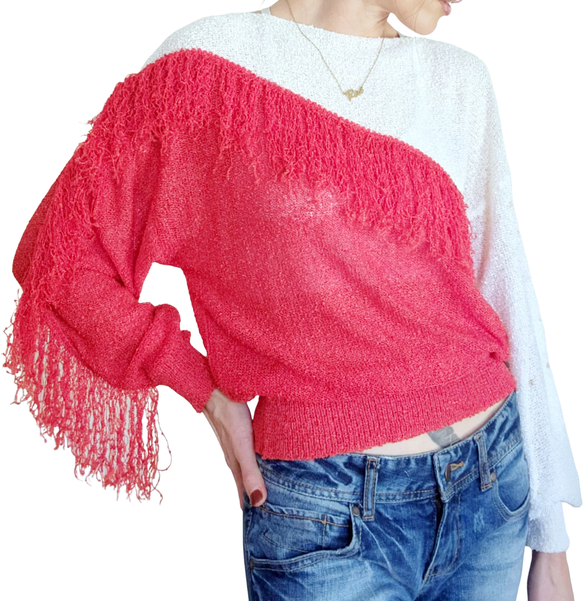 80s Asymmetric Colorblock Red And White Fringe Sweater by French Rags
