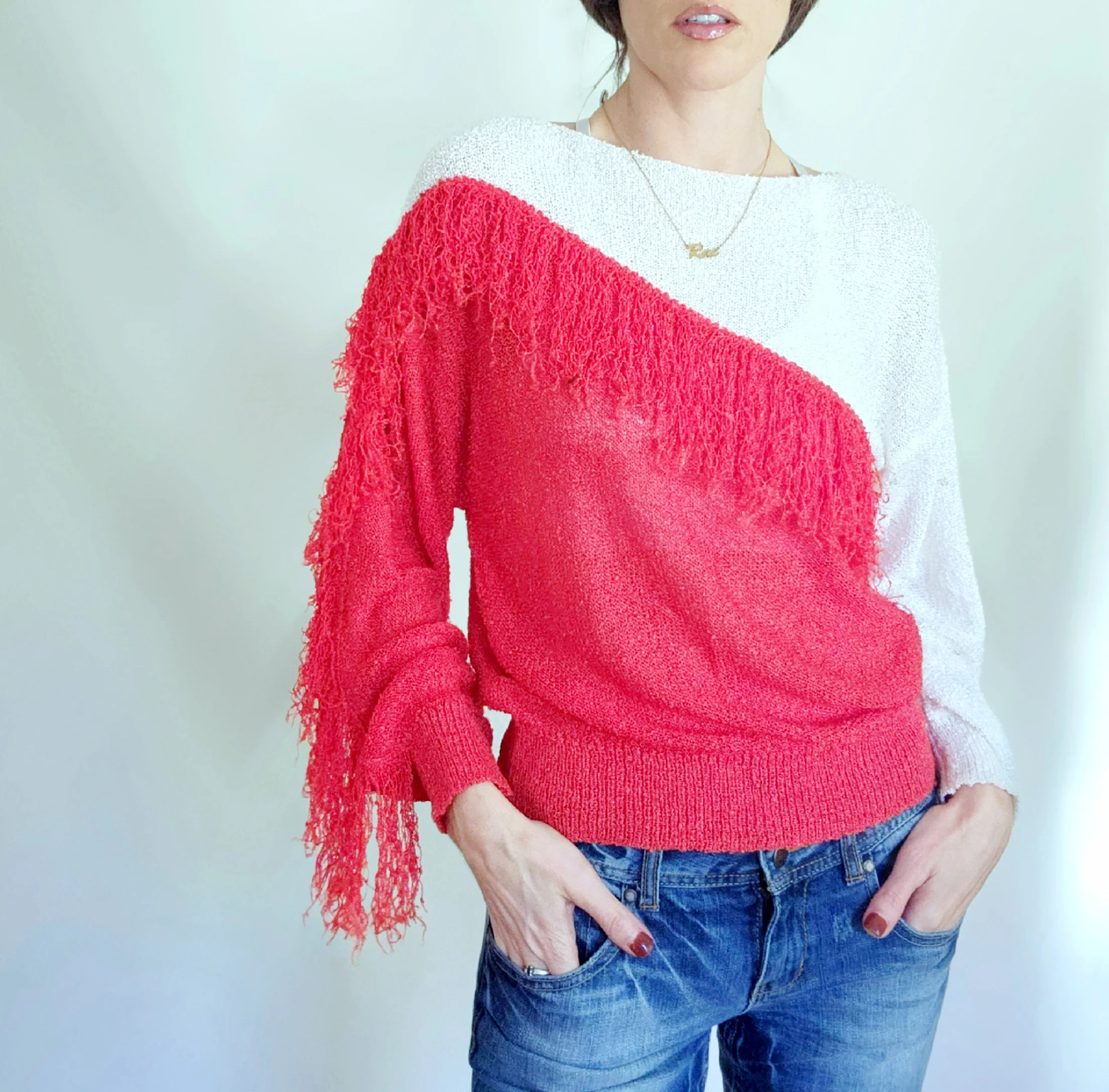 80s Asymmetric Colorblock Red And White Fringe Sweater by French Rags - Image 10