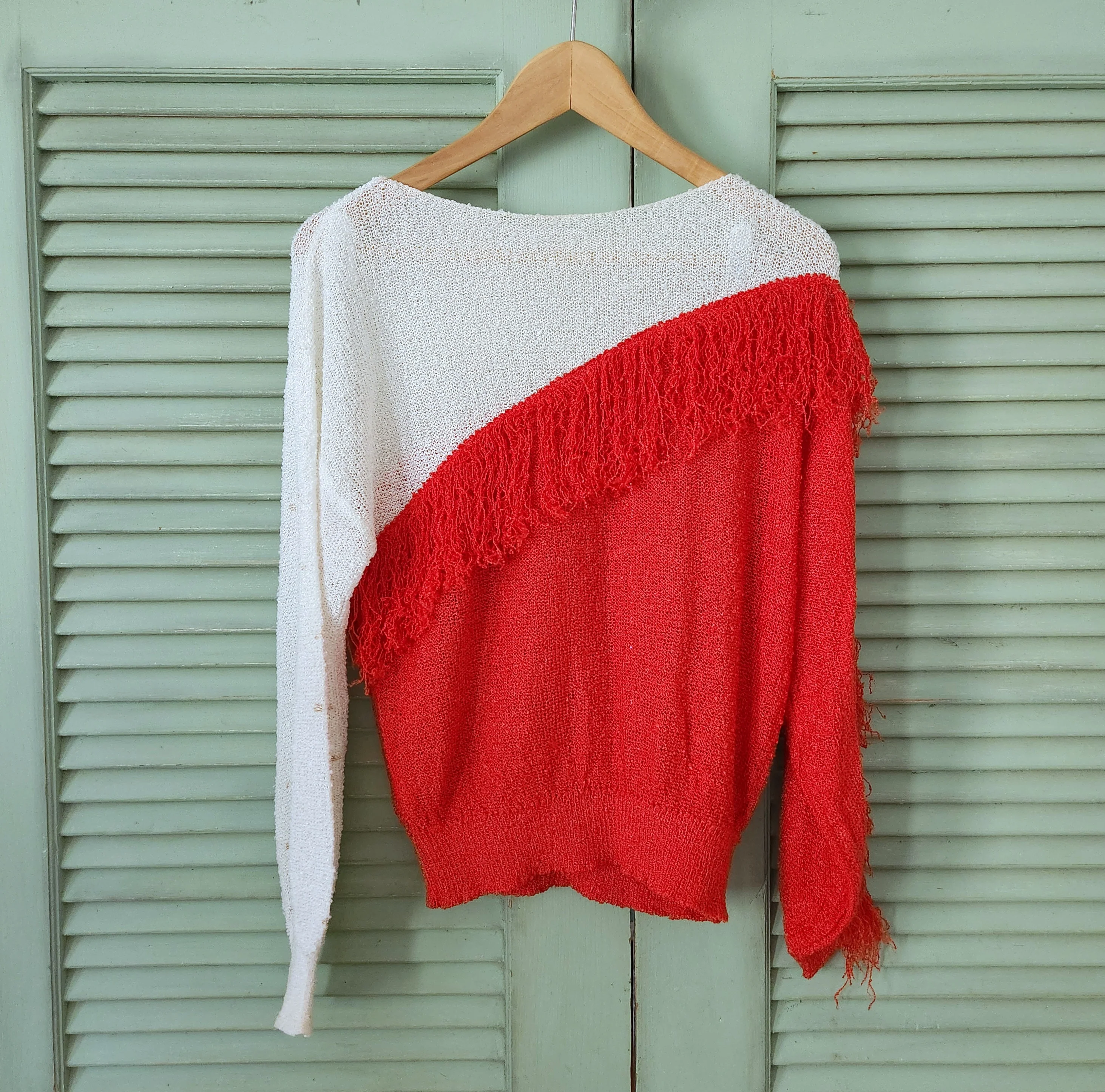 80s Asymmetric Colorblock Red And White Fringe Sweater by French Rags - Image 13