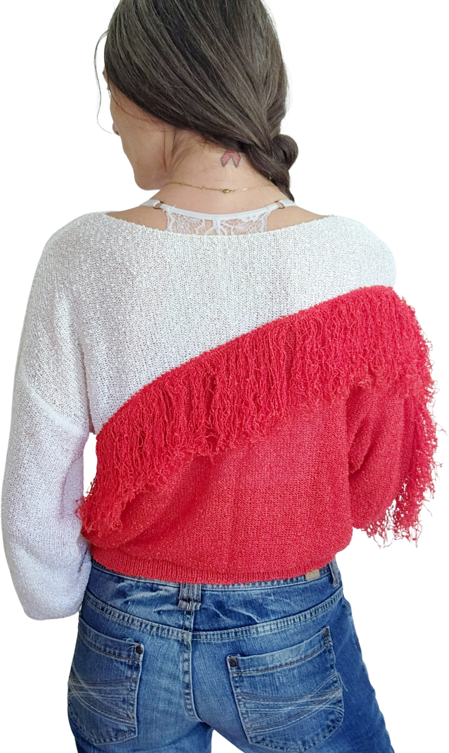80s Asymmetric Colorblock Red And White Fringe Sweater by French Rags - Image 2