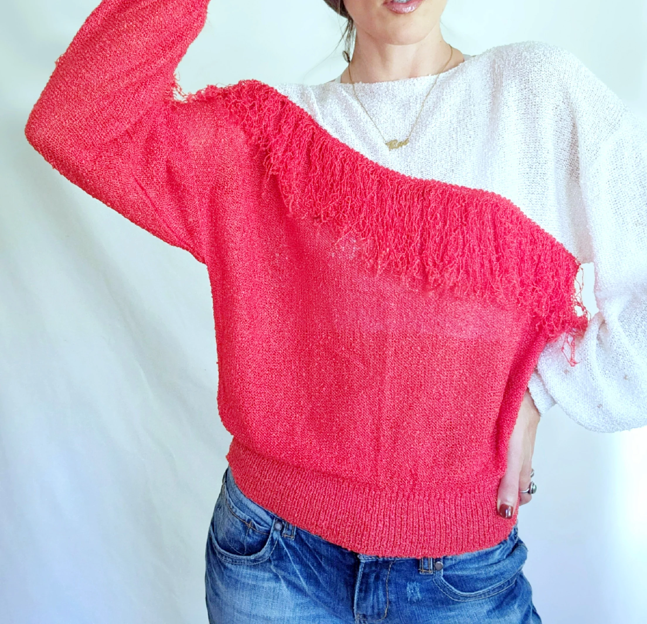 80s Asymmetric Colorblock Red And White Fringe Sweater by French Rags - Image 3