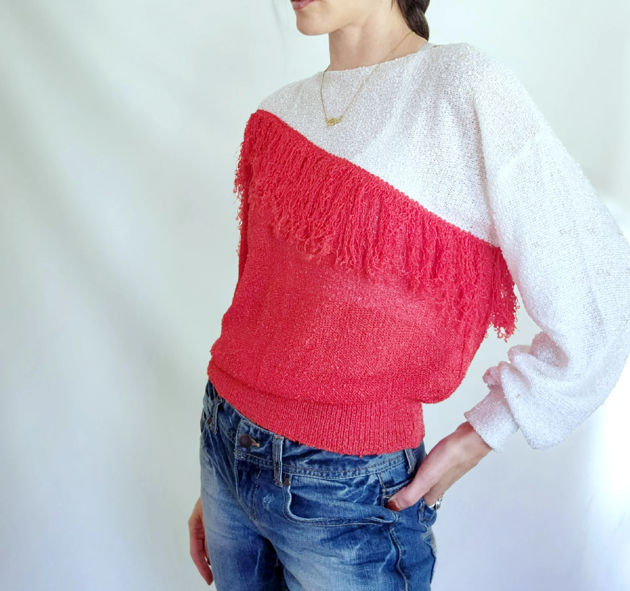 80s Asymmetric Colorblock Red And White Fringe Sweater by French Rags - Image 4
