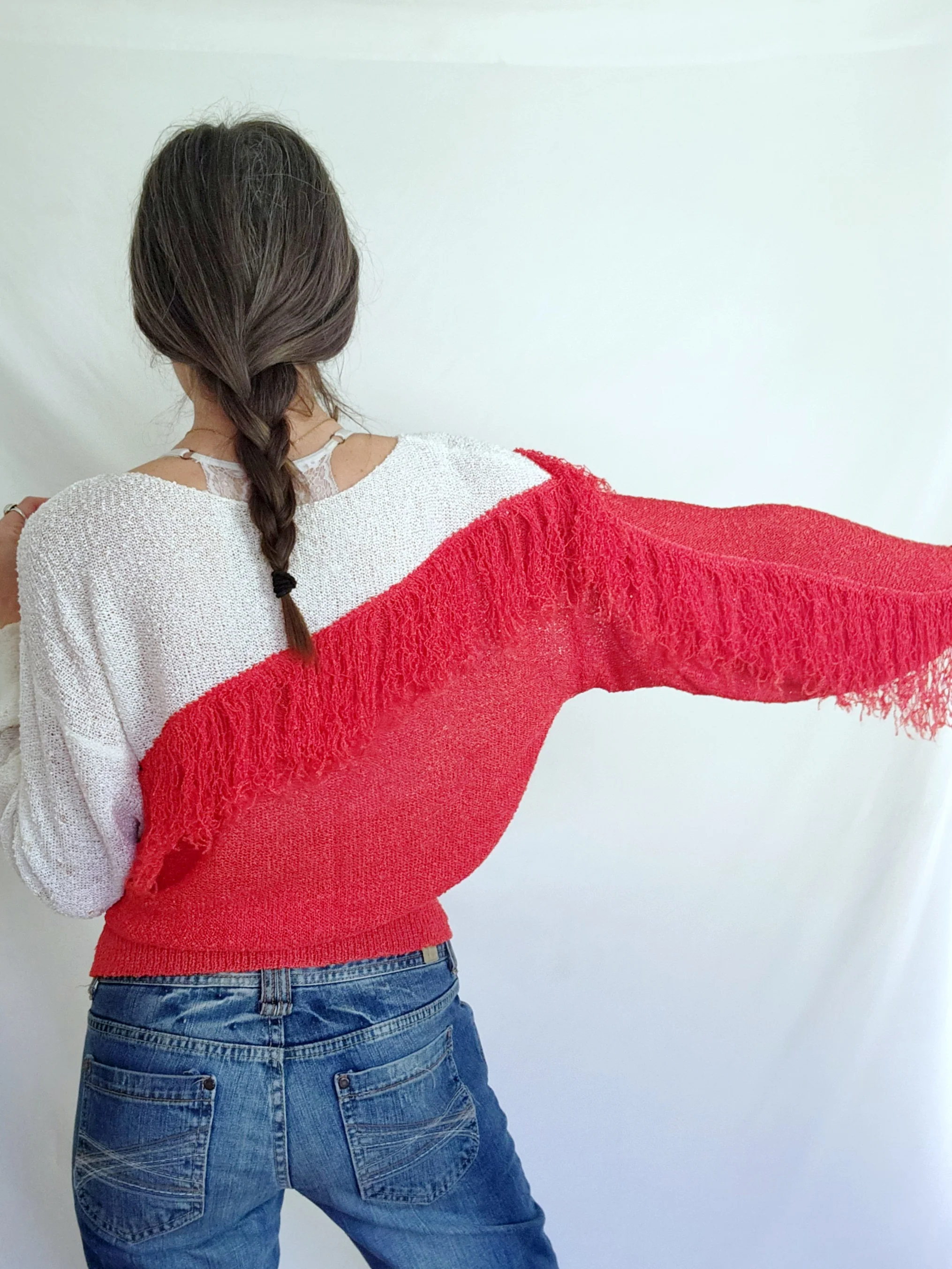 80s Asymmetric Colorblock Red And White Fringe Sweater by French Rags - Image 5