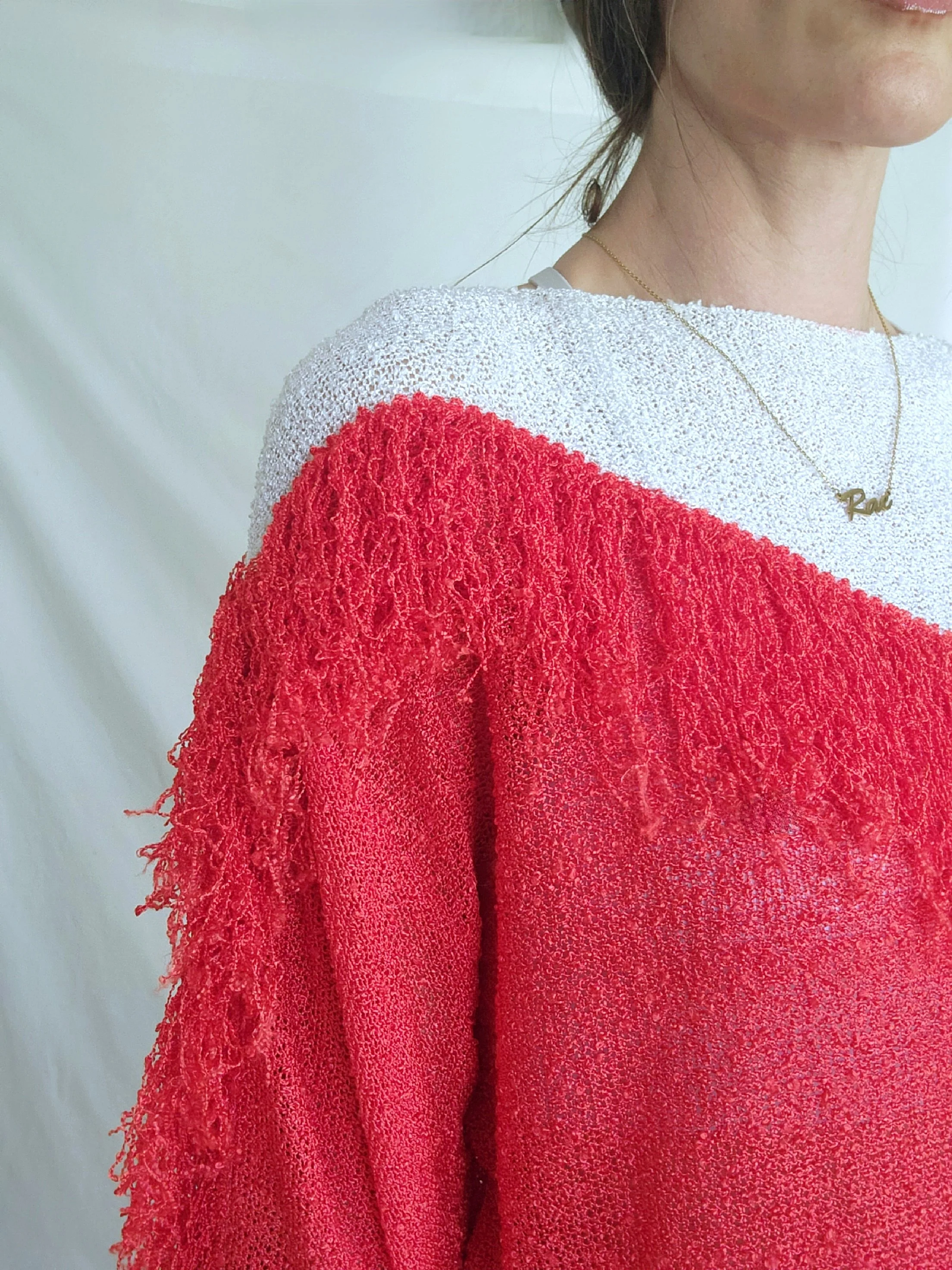 80s Asymmetric Colorblock Red And White Fringe Sweater by French Rags - Image 6