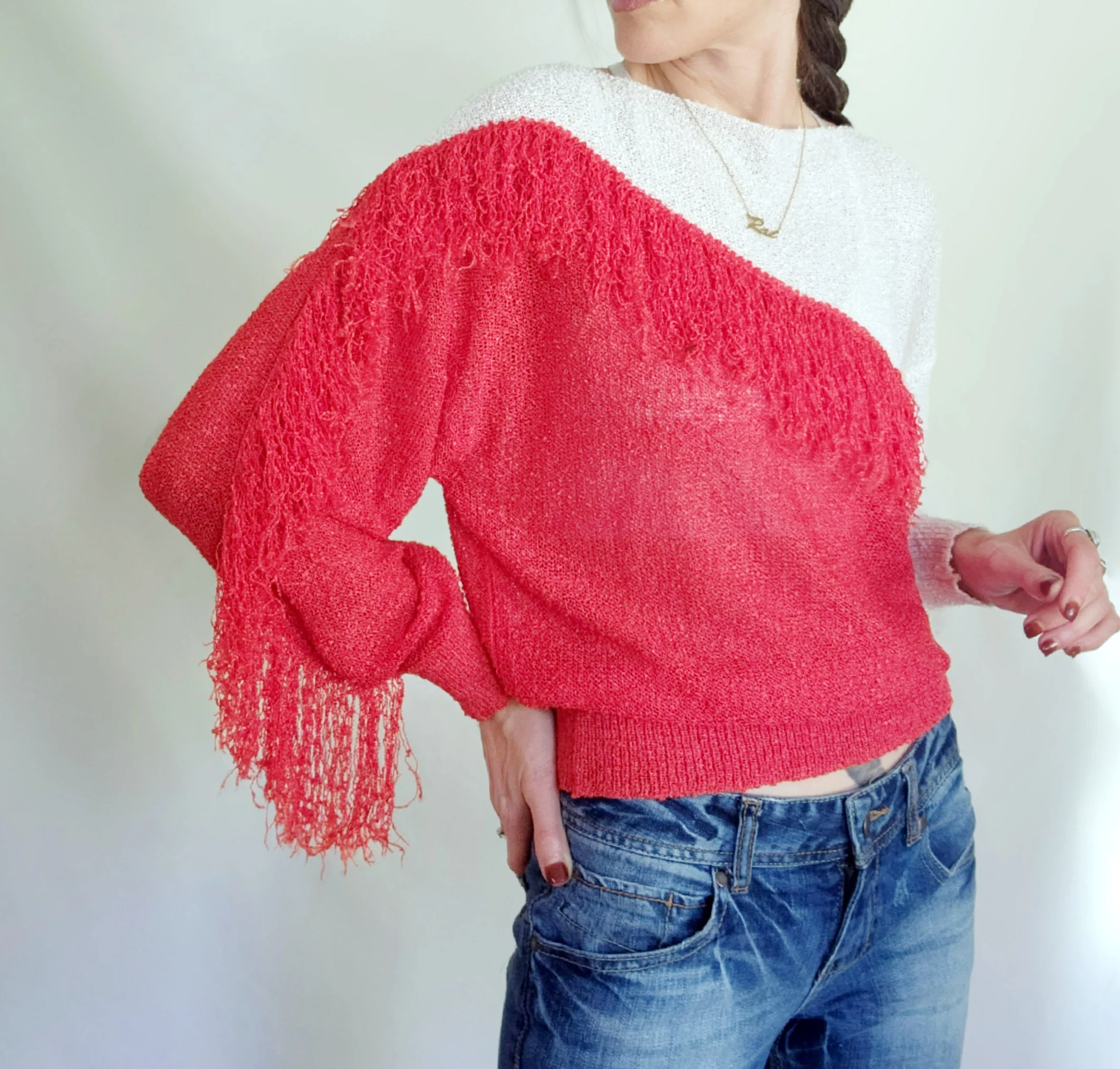 80s Asymmetric Colorblock Red And White Fringe Sweater by French Rags - Image 7