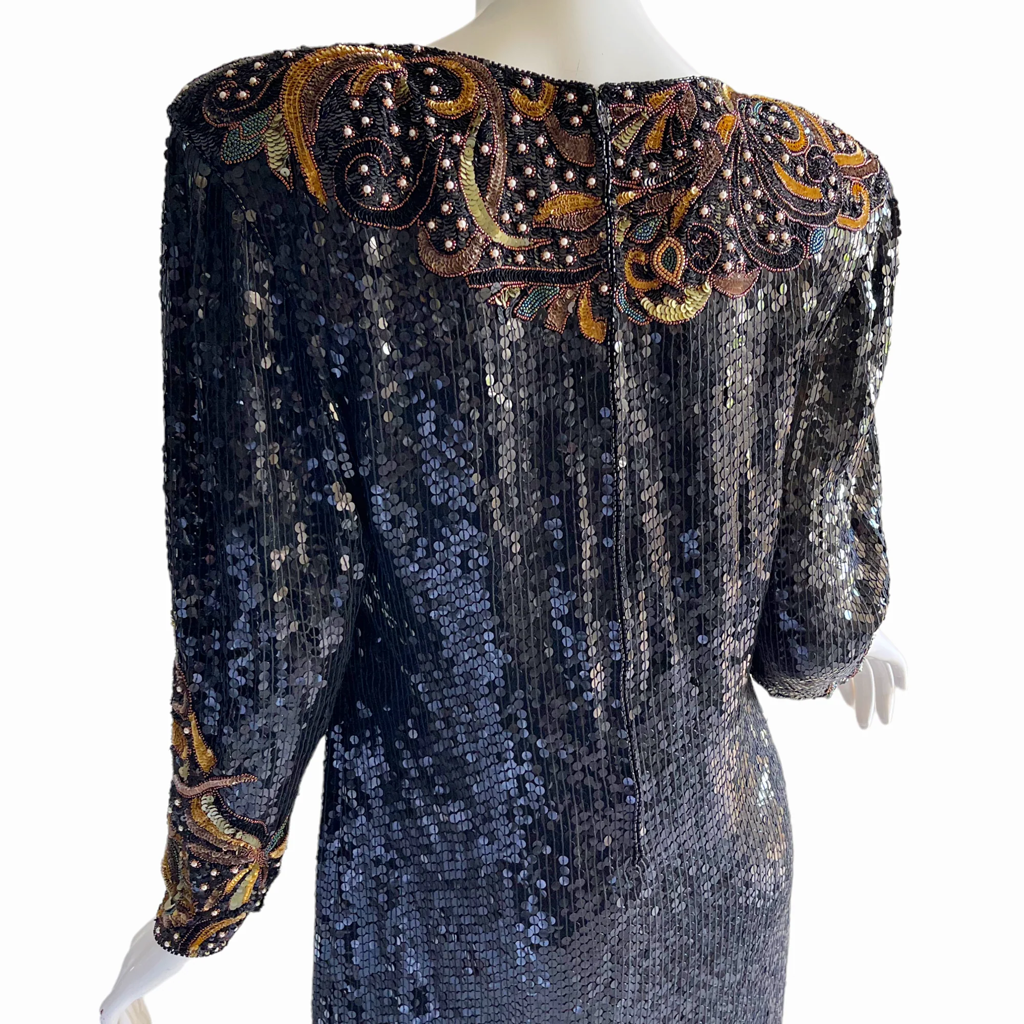 80s Beaded Jeweled Sequin Silk Party Holiday Dress - Image 4