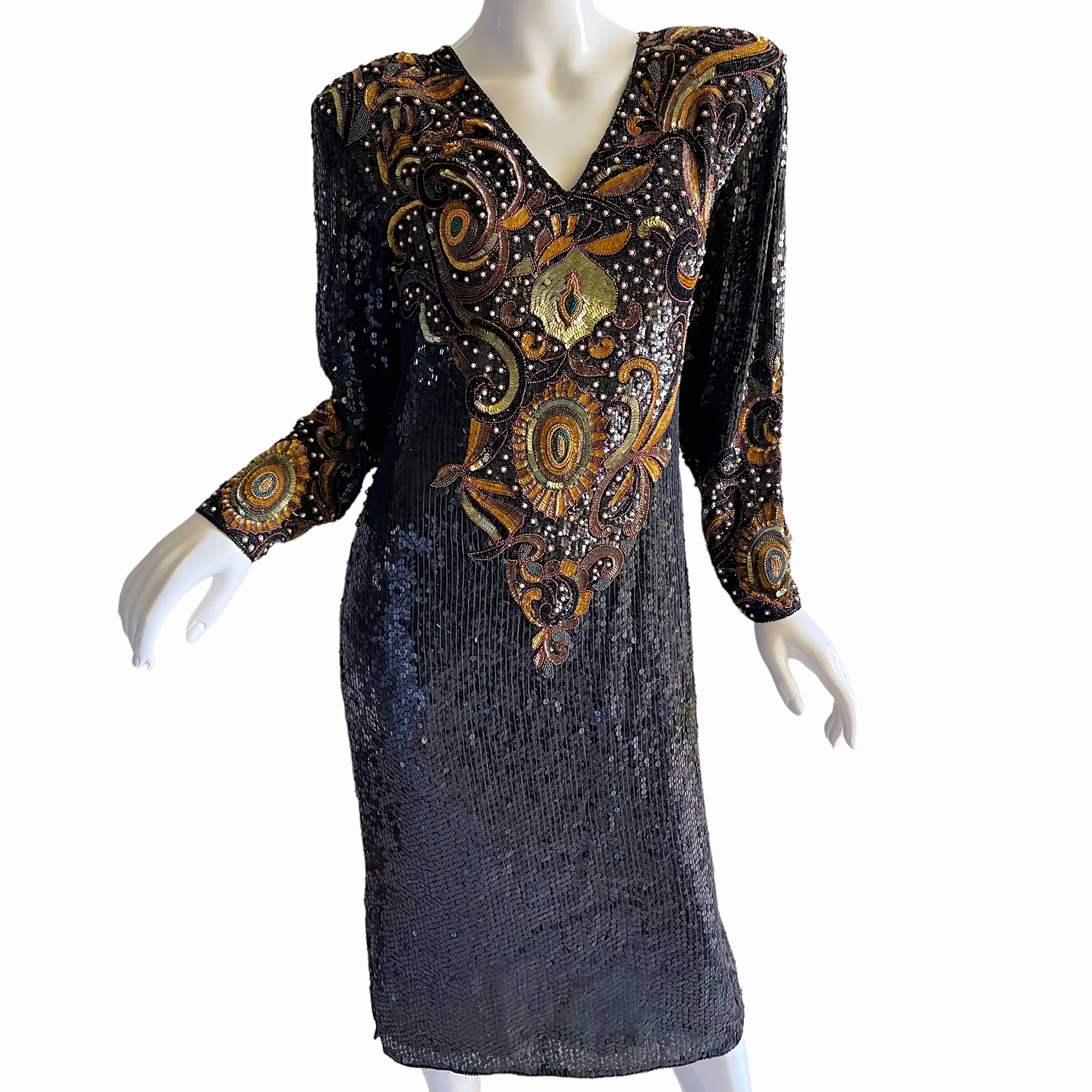 80s Beaded Jeweled Sequin Silk Party Holiday Dress - Image 5