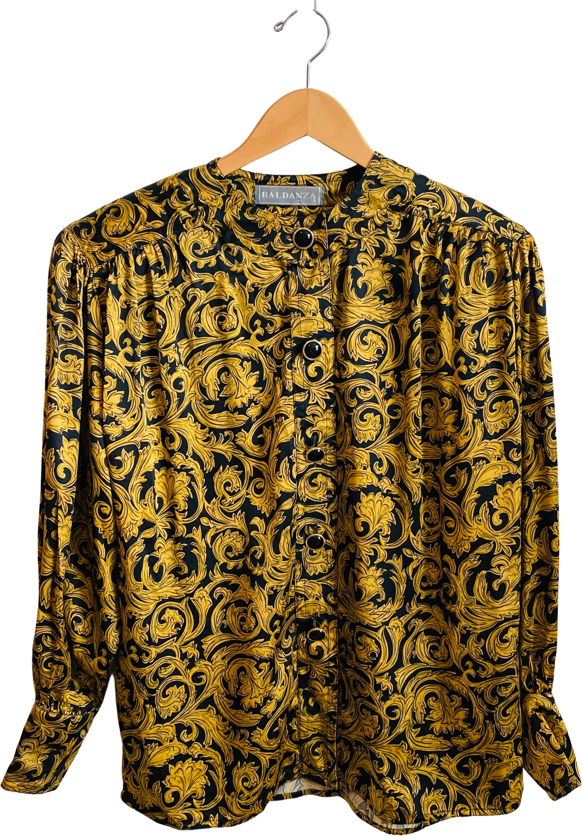 80s Beautiful Black And Gold Paisley Print Silk Top By Baldanza - Image 2