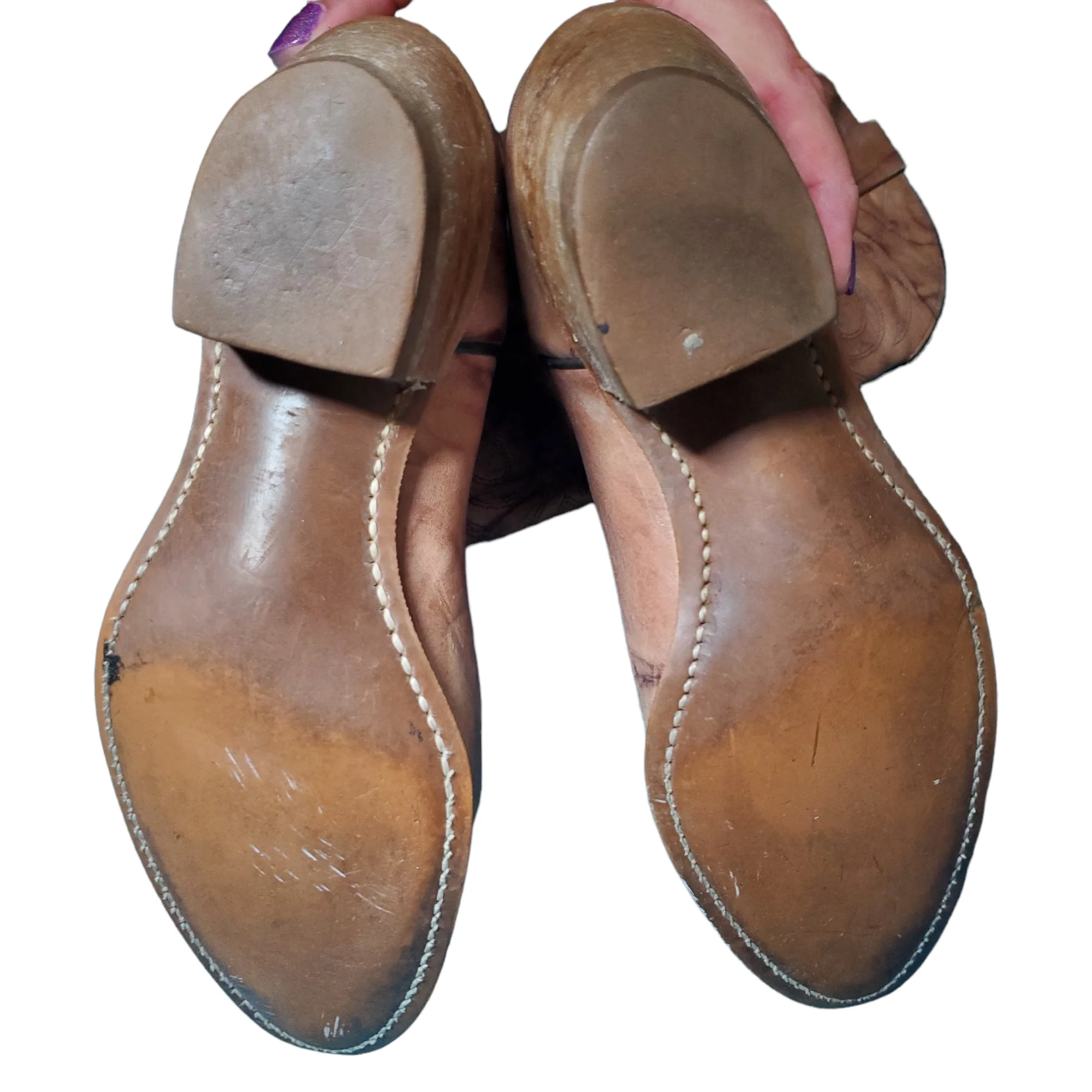 80s Beige Marled Leather Pointed Toe Cowboy Boots By Texas Leather Co - Image 4
