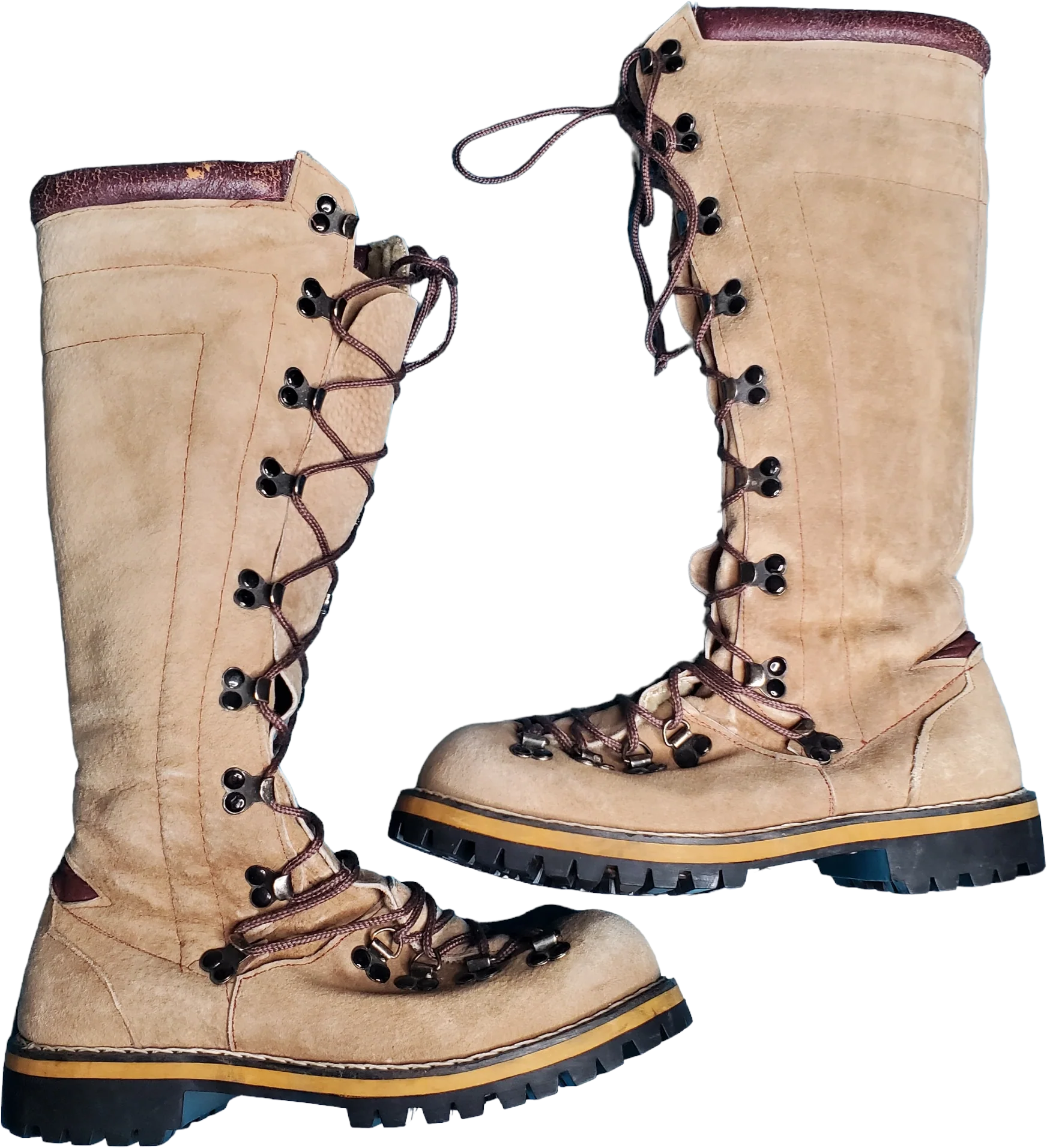 80s Beige Suede Faux Fur Knee High Lace-up Hiker Boots By Montblanc