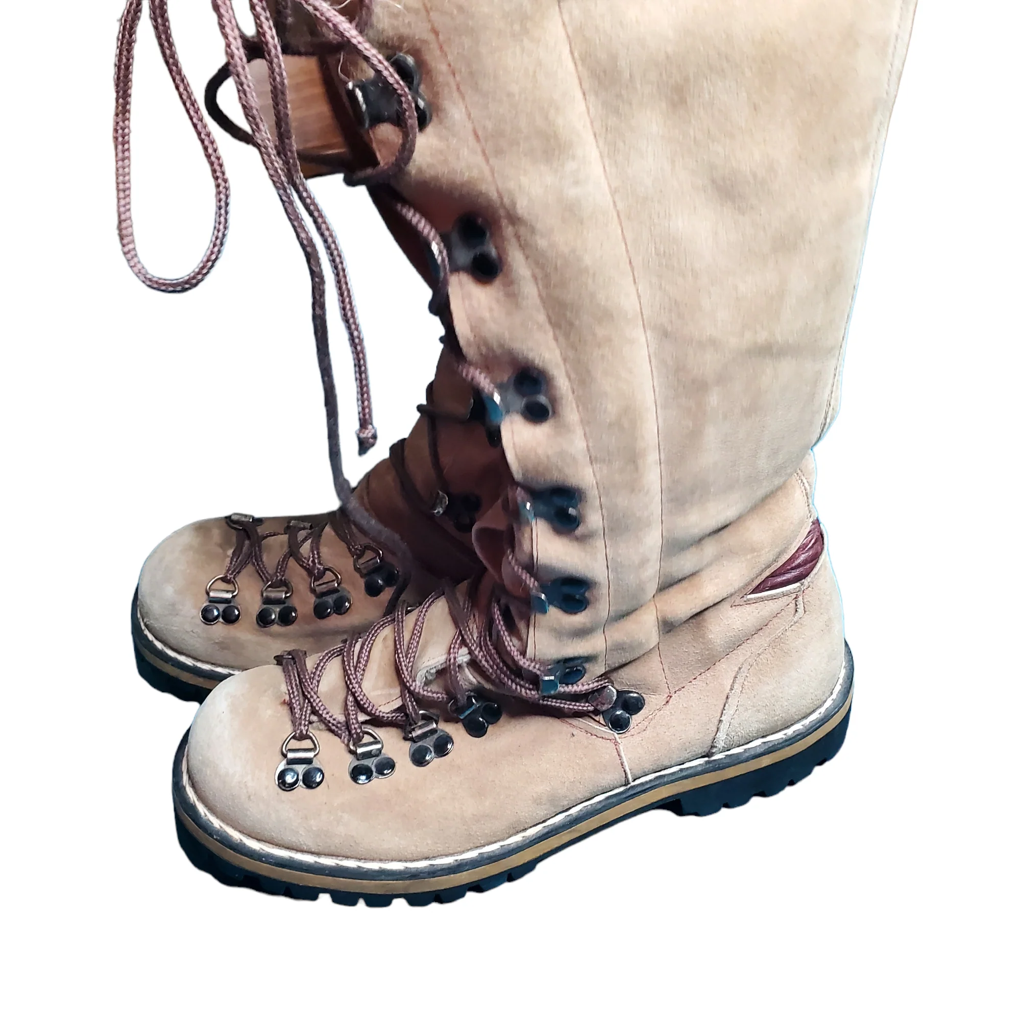 80s Beige Suede Faux Fur Knee High Lace-up Hiker Boots By Montblanc - Image 5