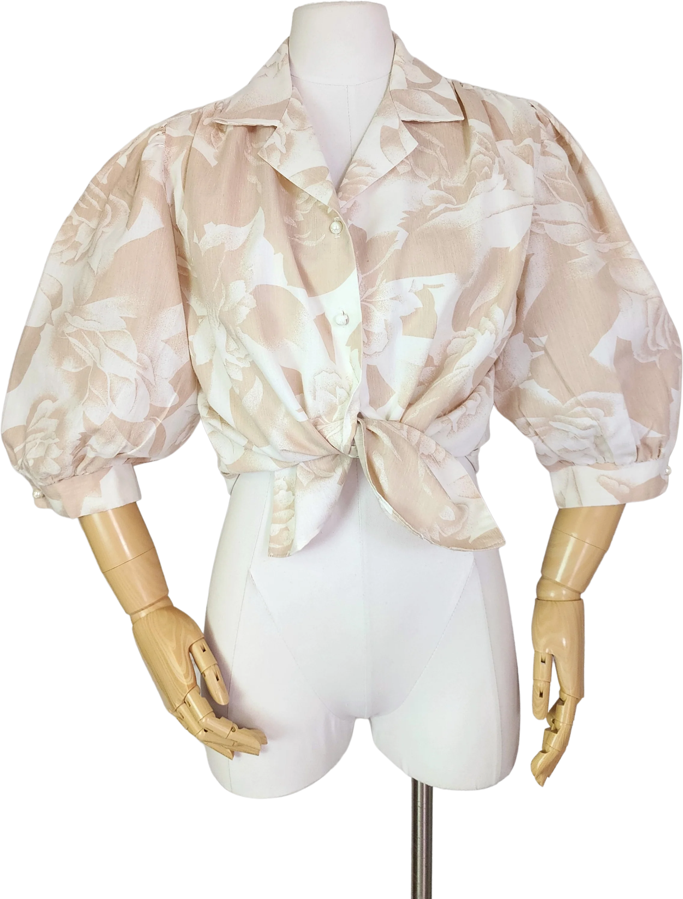 80s Beige White Floral Puff Sleeve Blouse Button Up By La Bene