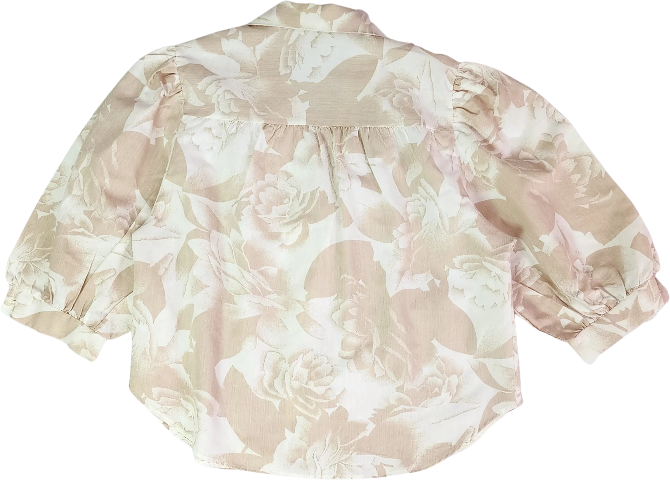 80s Beige White Floral Puff Sleeve Blouse Button Up By La Bene - Image 2