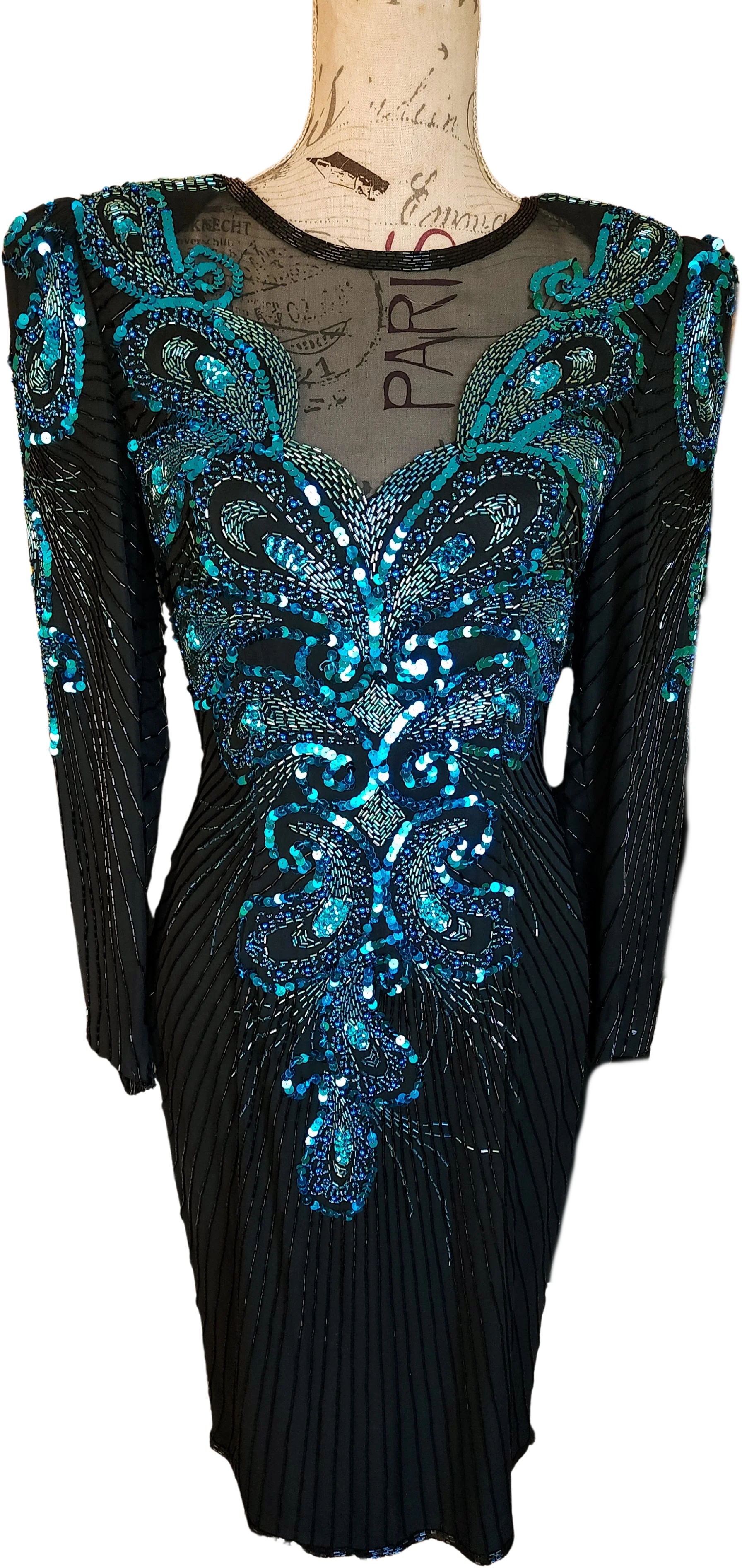 80s Black And Aqua Silk Beaded And Sequined Dress By Aj Bari