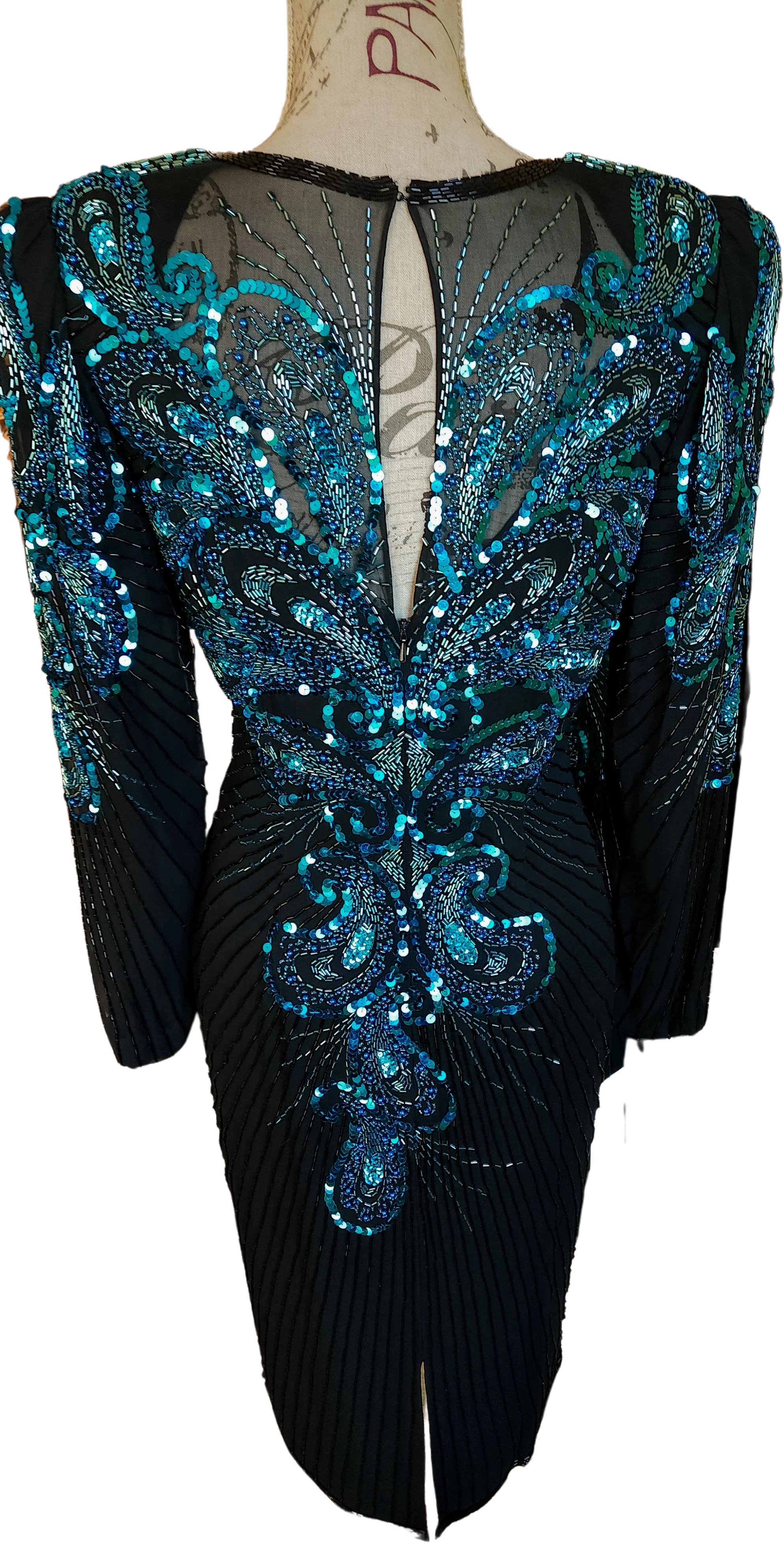 80s Black And Aqua Silk Beaded And Sequined Dress By Aj Bari - Image 2