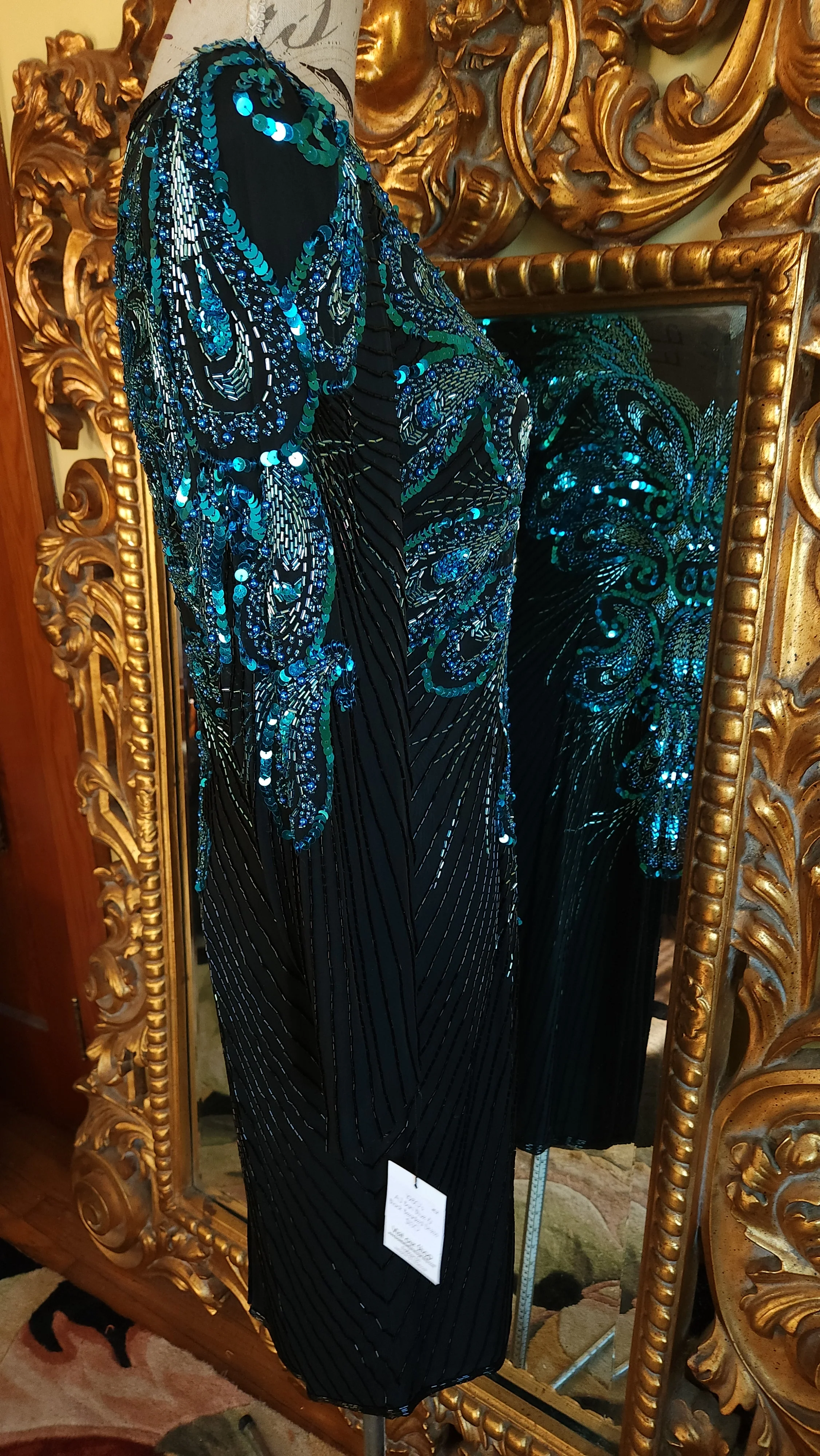 80s Black And Aqua Silk Beaded And Sequined Dress By Aj Bari - Image 3