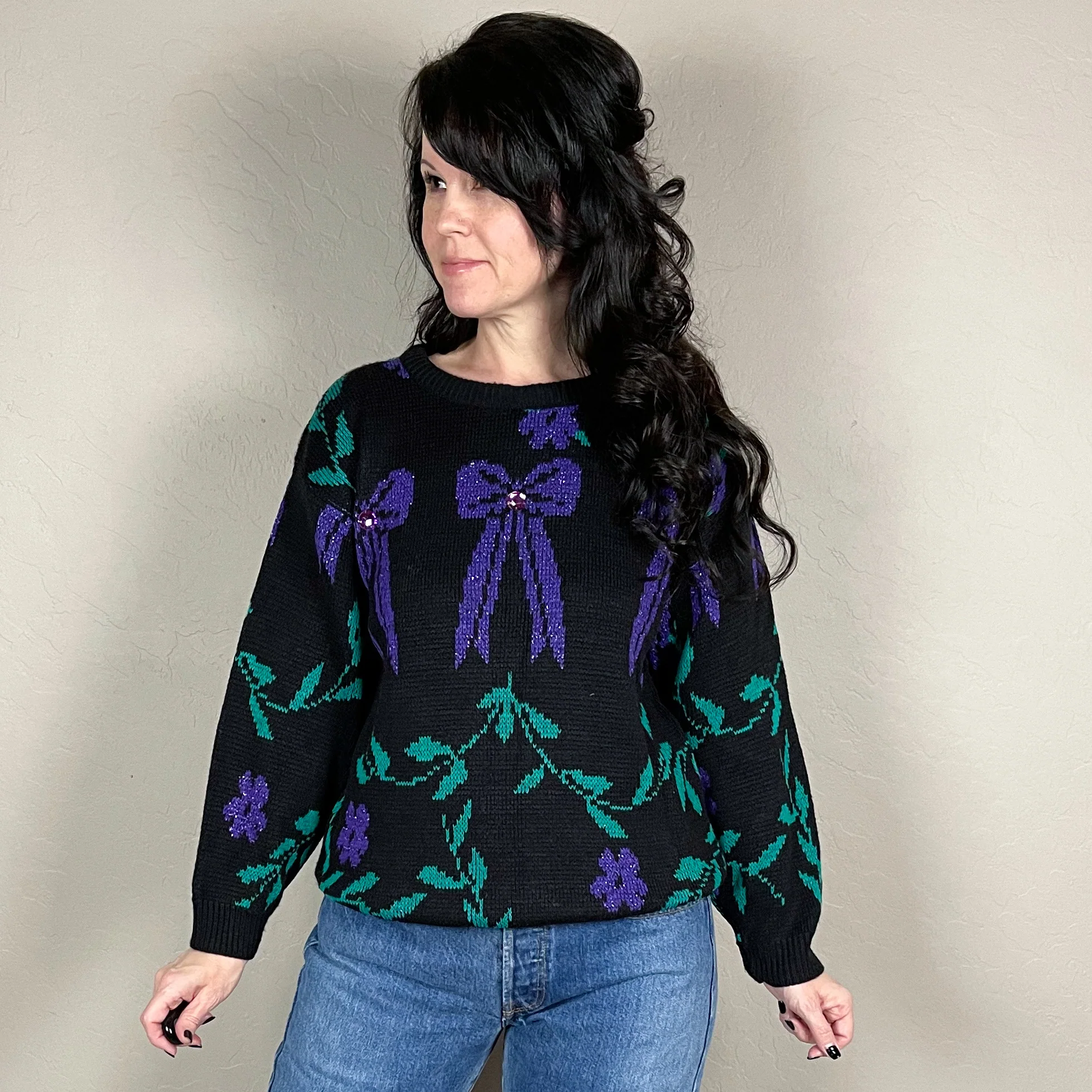 80s Black And Purple Jeweled Graphic Sweater By Just Knits - Image 3